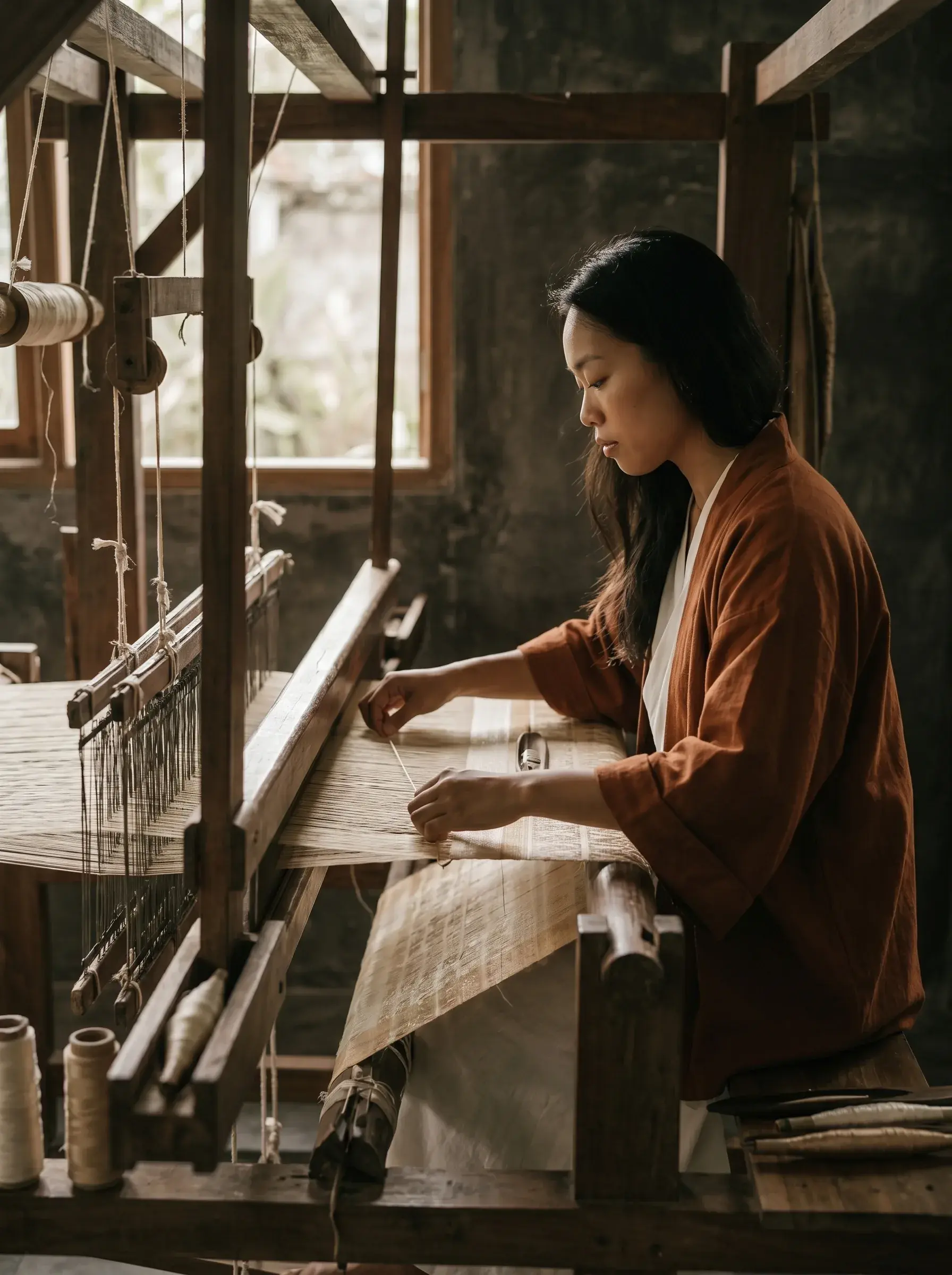 Jeune femme asiatique tissant sur métier à tisser en bois dans atelier rustique éclairé par fenêtre, tenue terra cotta