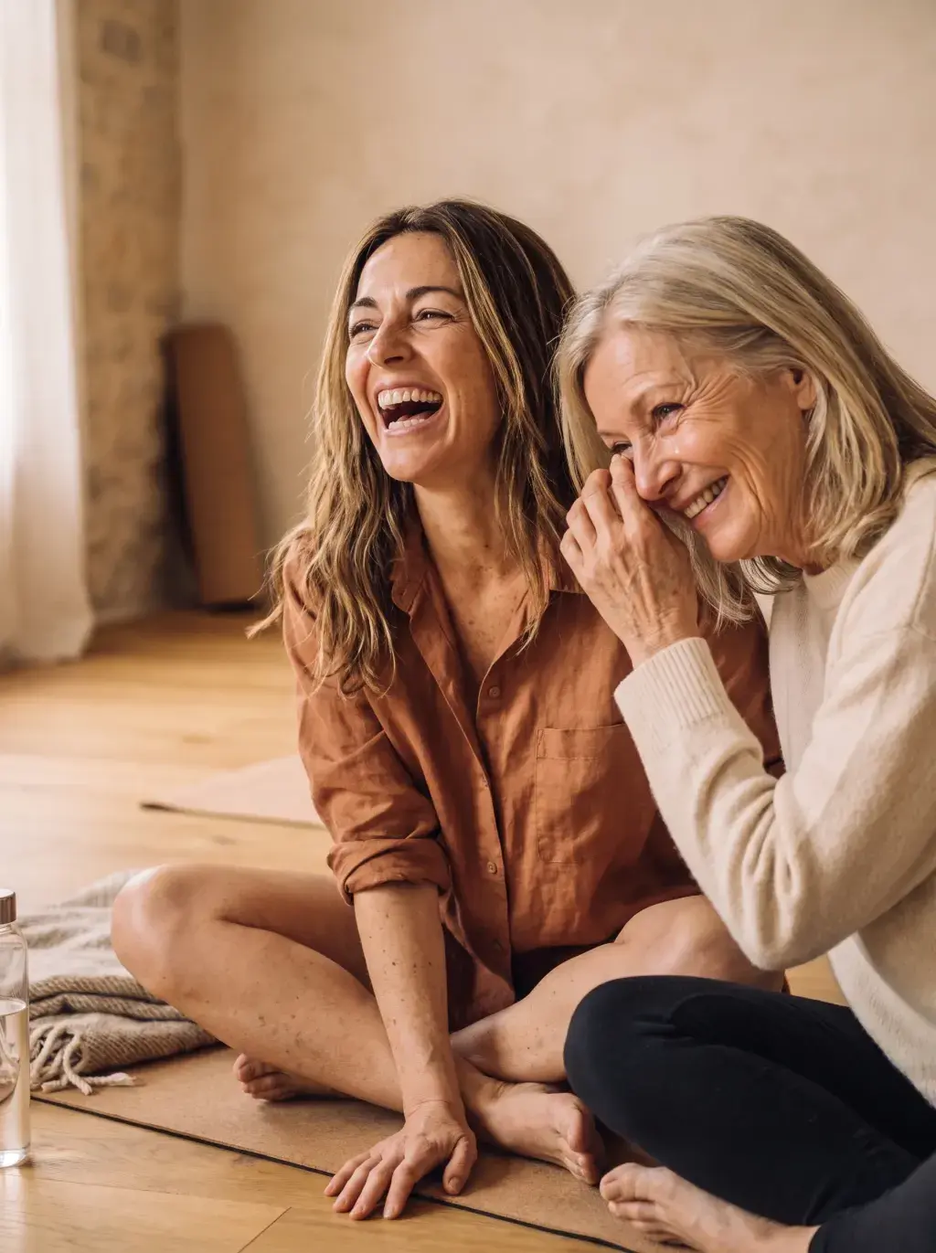 Jeune femme brune et femme senior riant ensemble assises sur un parquet dans un studio