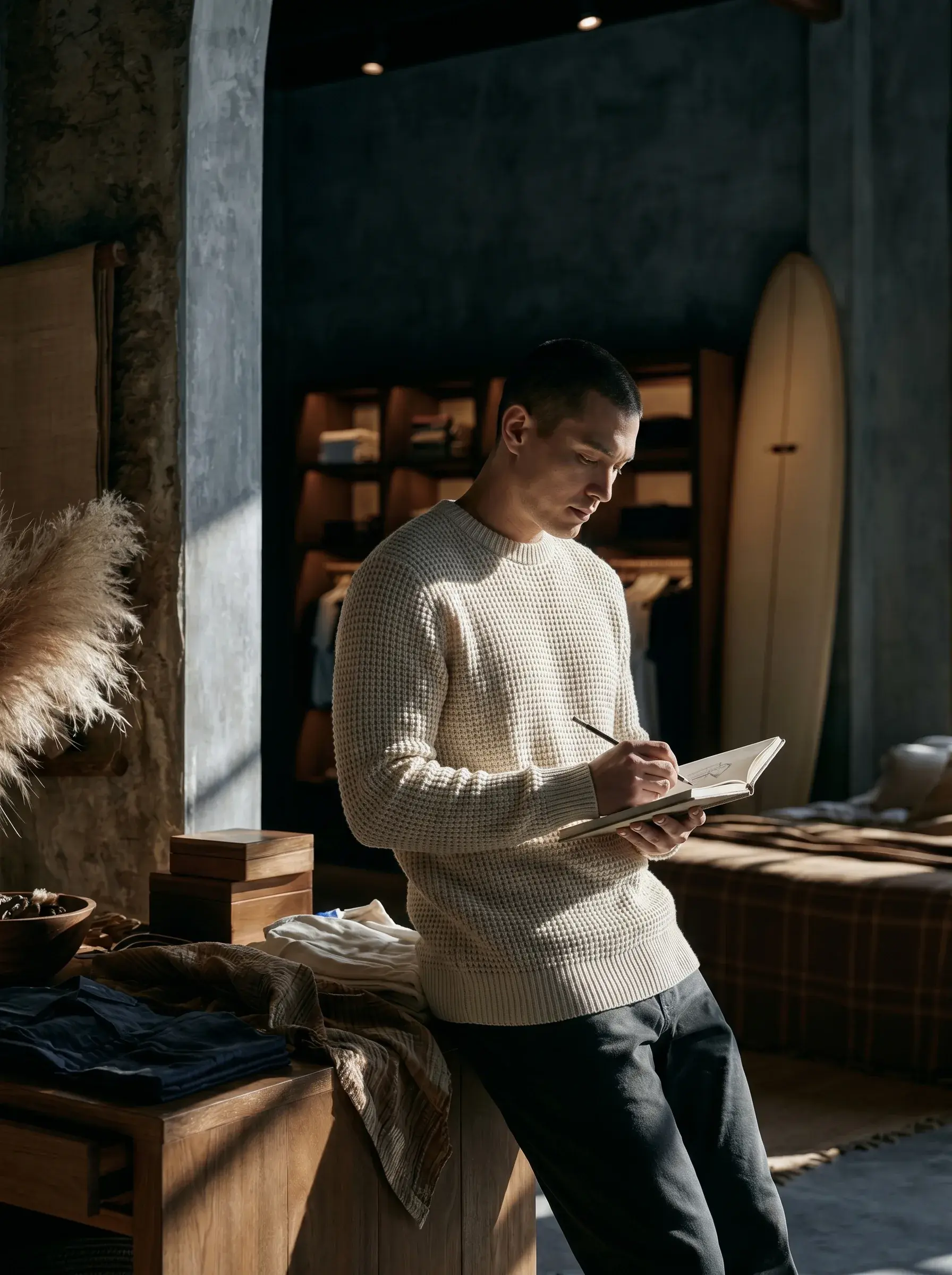 Jeune homme en pull crème prenant des notes dans une boutique de surf artisanale