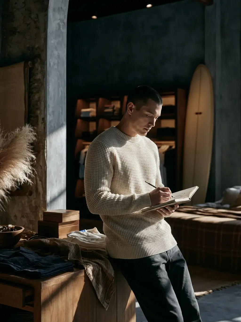 Jeune homme en pull crème prenant des notes dans une boutique de surf artisanale