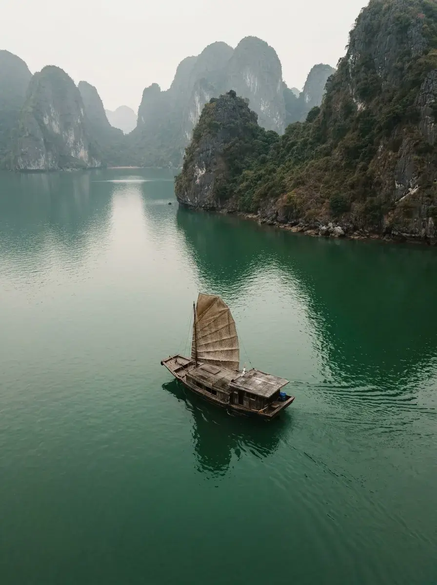 Jonque à voile déployée en Baie d'Halong sur eau verte calme, falaises karstiques dans la brume, vue aérienne rapprochée