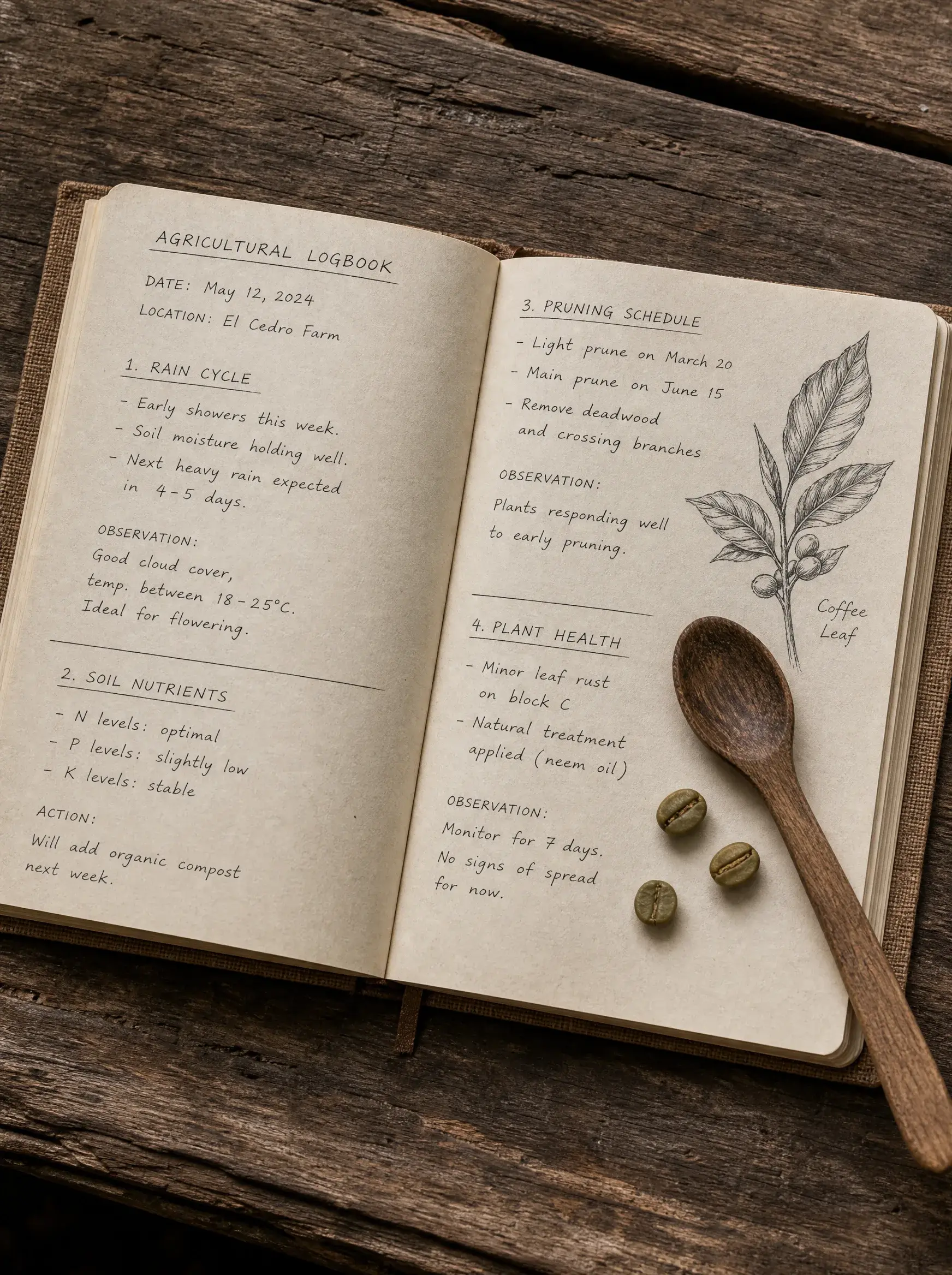 Journal agricole manuscrit caféière – suivi agronomique, santé des plantes, cuillère bois, table