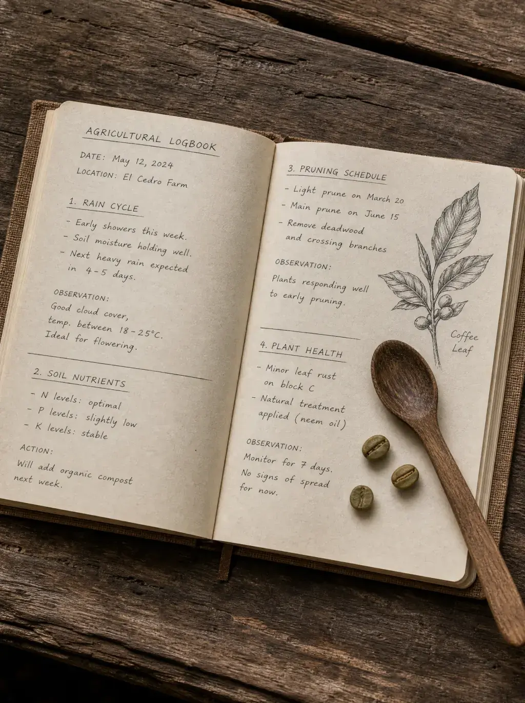 Journal agricole manuscrit caféière – suivi agronomique, santé des plantes, cuillère bois, table