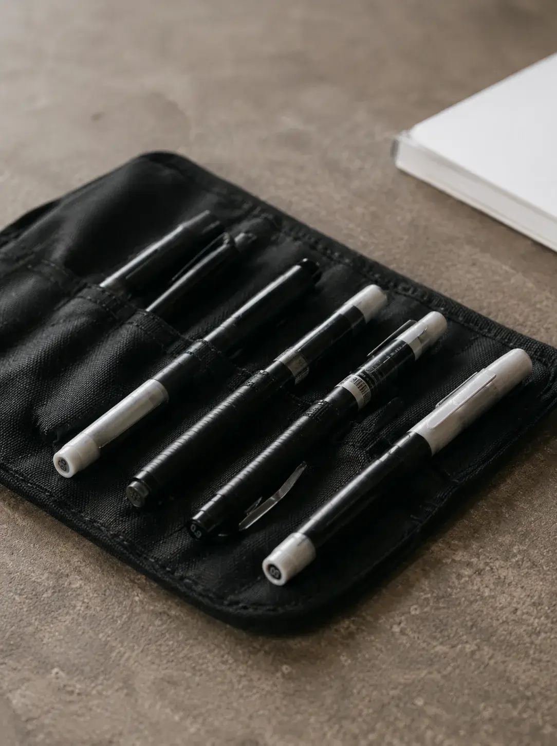 Kit de stylos-plumes et traceurs de calligraphie sur pochette en tissu noir posée sur table béton