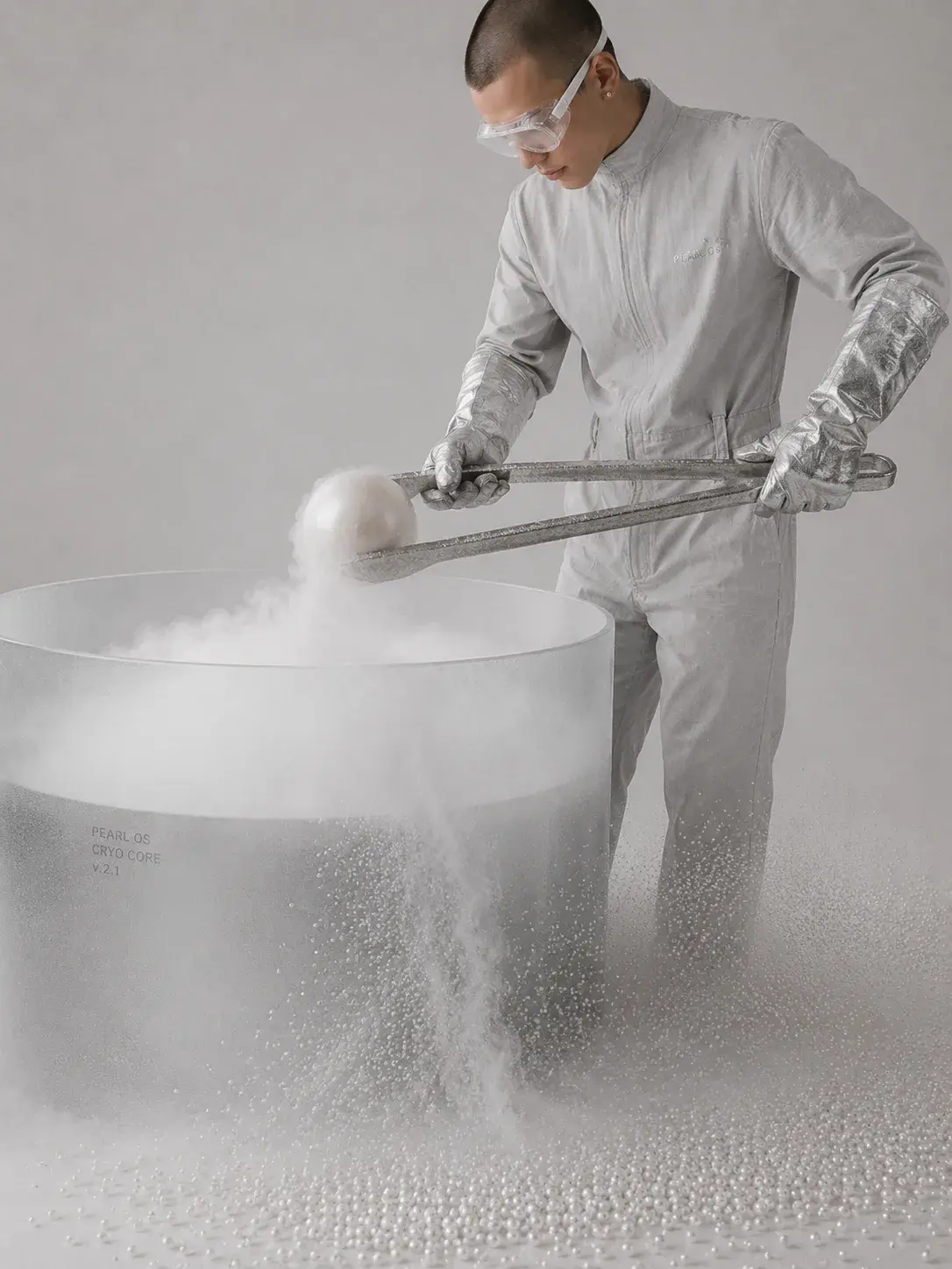 Laborantin en combinaison blanche extrayant une grande perle avec des pinces d'un bain bouillonnant de micro-perles
