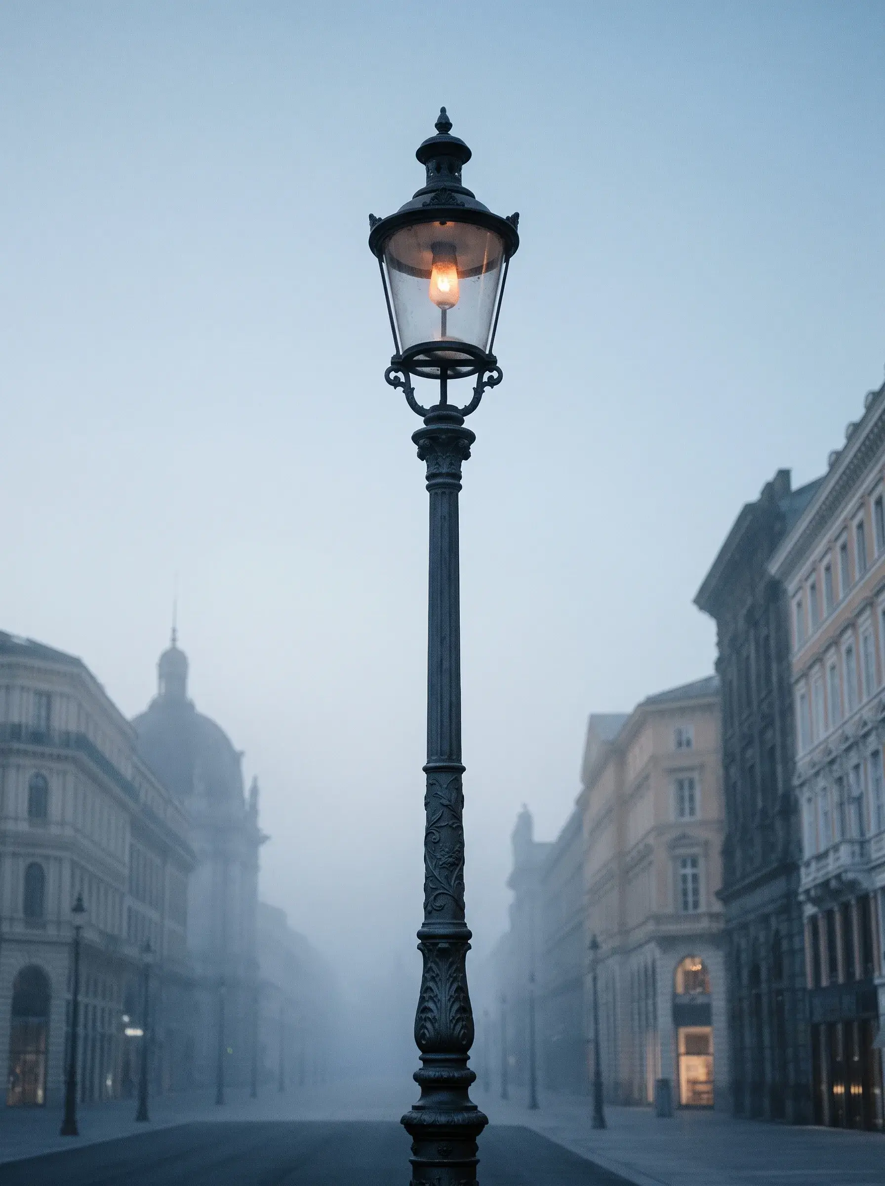 Lampadaire en fonte éclairé dans une avenue européenne brumeuse au petit matin