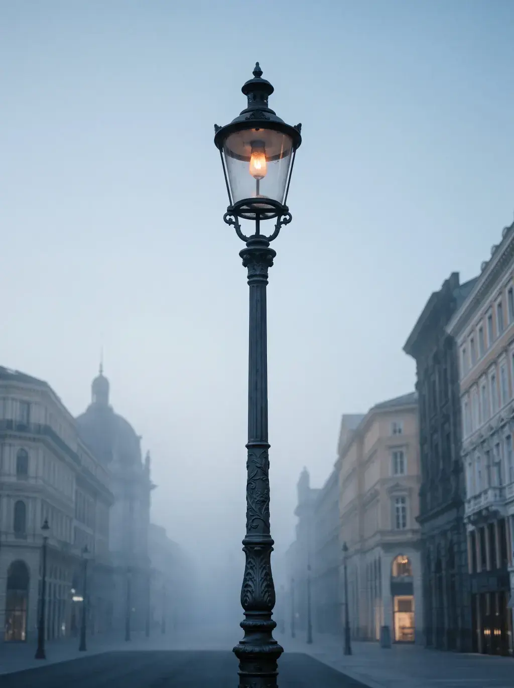 Lampadaire en fonte éclairé dans une avenue européenne brumeuse au petit matin