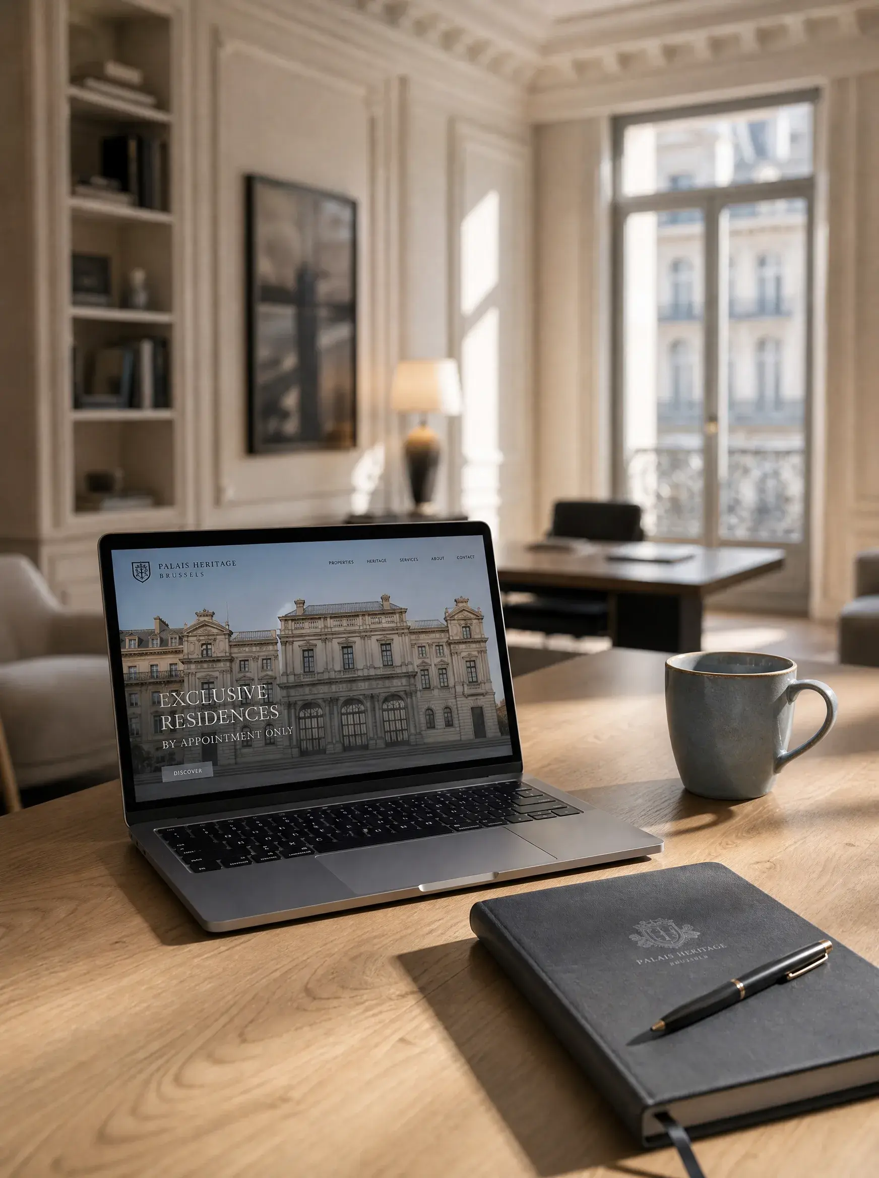 Laptop affichant le site Palais Heritage Brussels sur un bureau en bois dans un bureau haussmannien