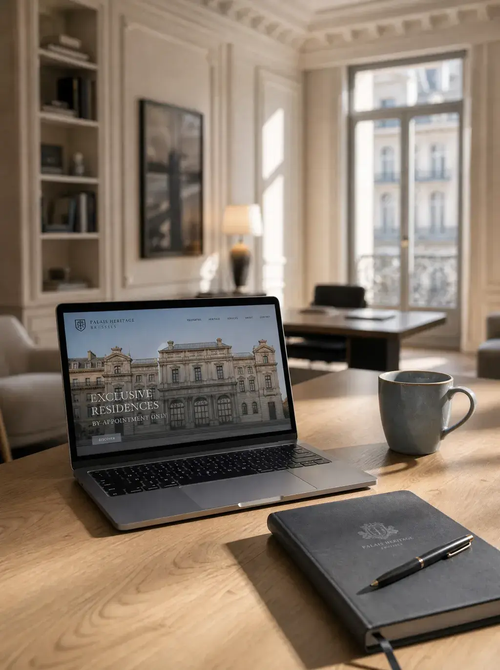 Laptop affichant le site Palais Heritage Brussels sur un bureau en bois dans un bureau haussmannien