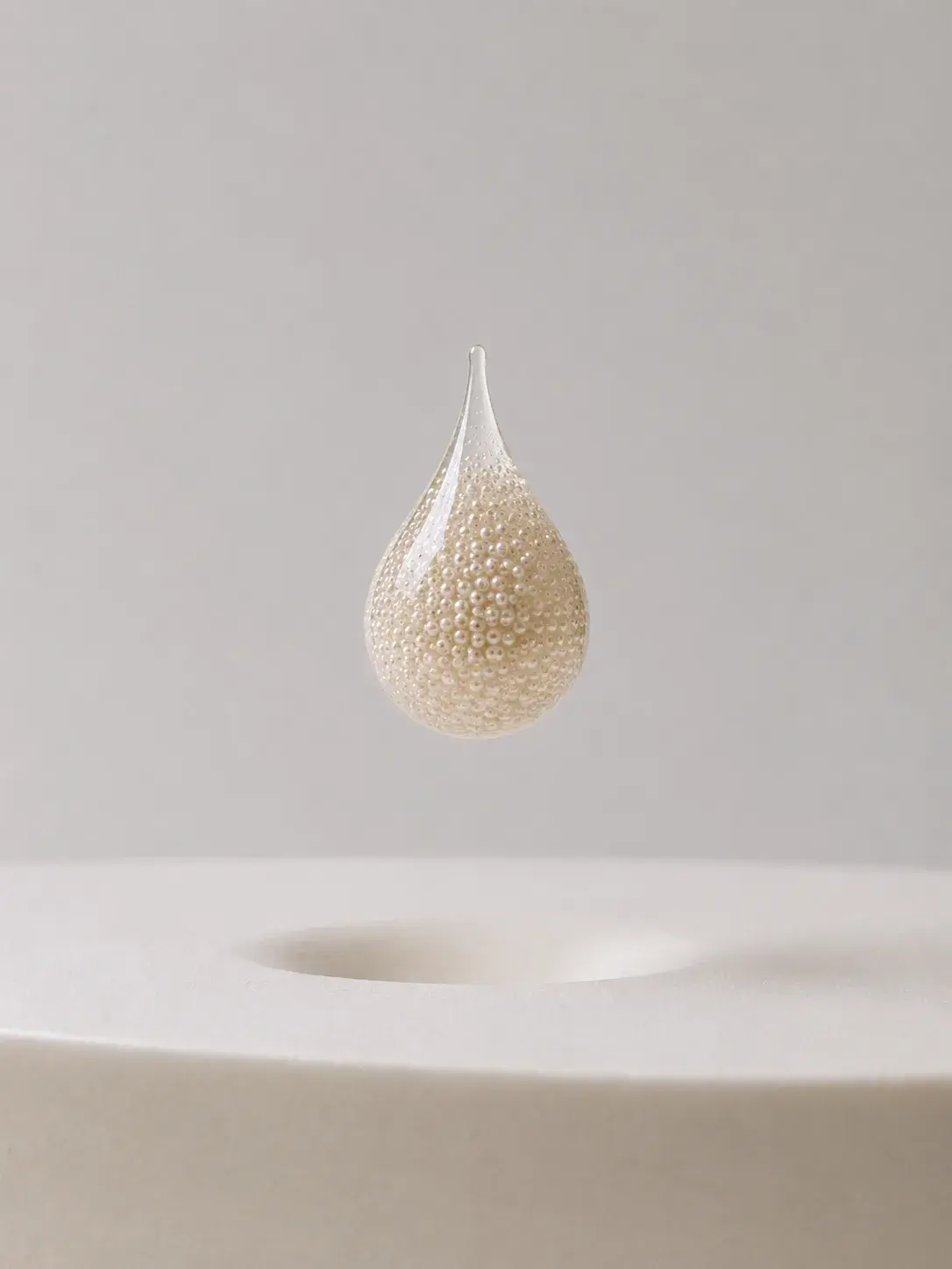 Larme tridimensionnelle solide couverte de micro-perles nacrées flottant au-dessus d'un socle crème