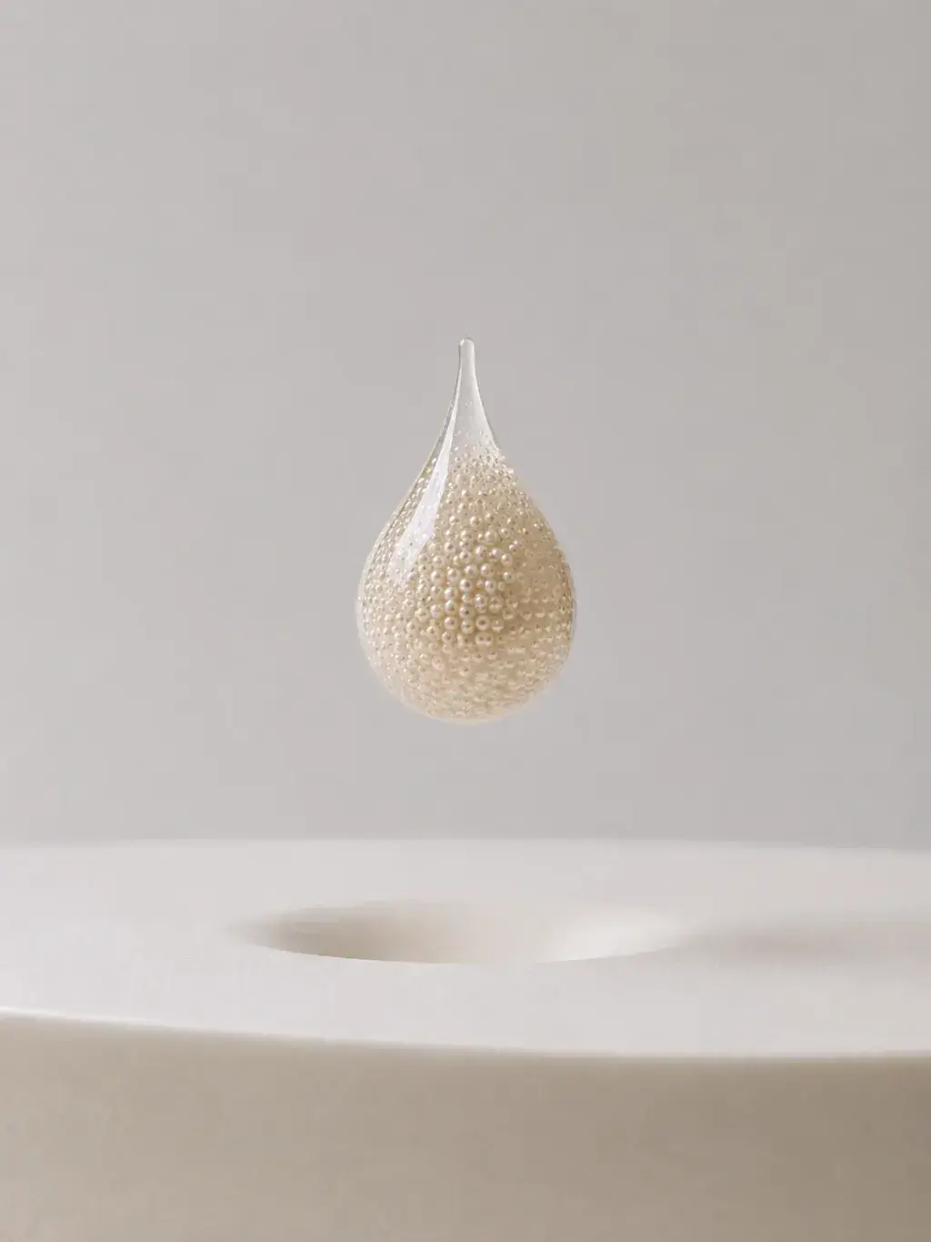 Larme tridimensionnelle solide couverte de micro-perles nacrées flottant au-dessus d'un socle crème