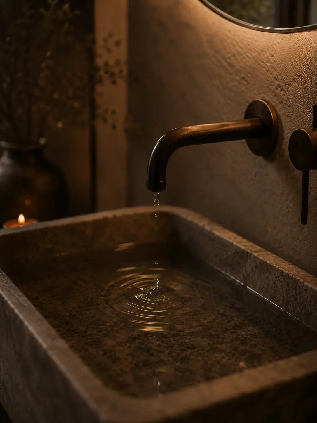 Lavabo en pierre sous robinetterie laiton dans une salle de bain