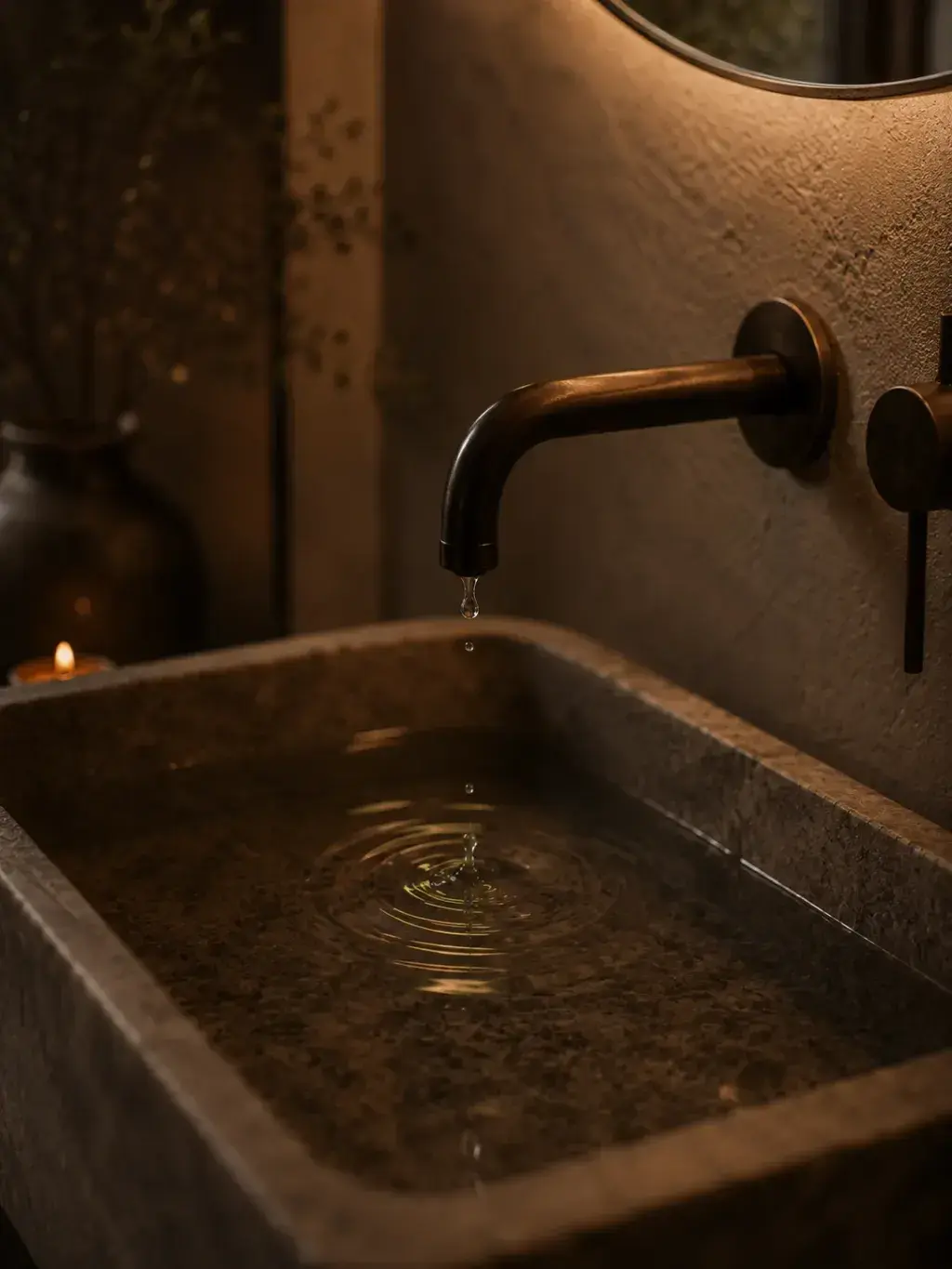 Lavabo en pierre sous robinetterie laiton dans une salle de bain