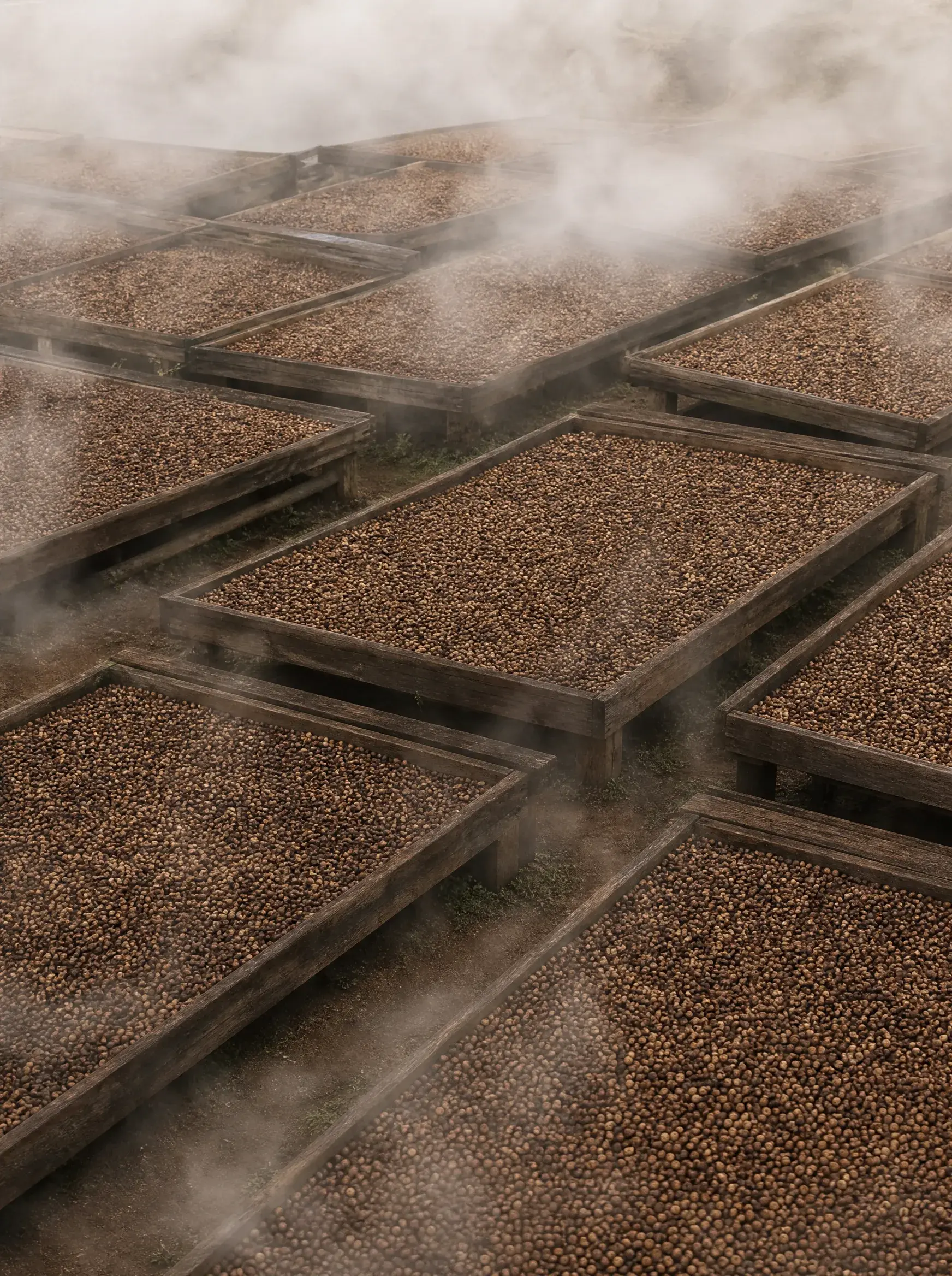 Lits de séchage café vue plongeante – rangées serrées, brume dense, paysage agricole
