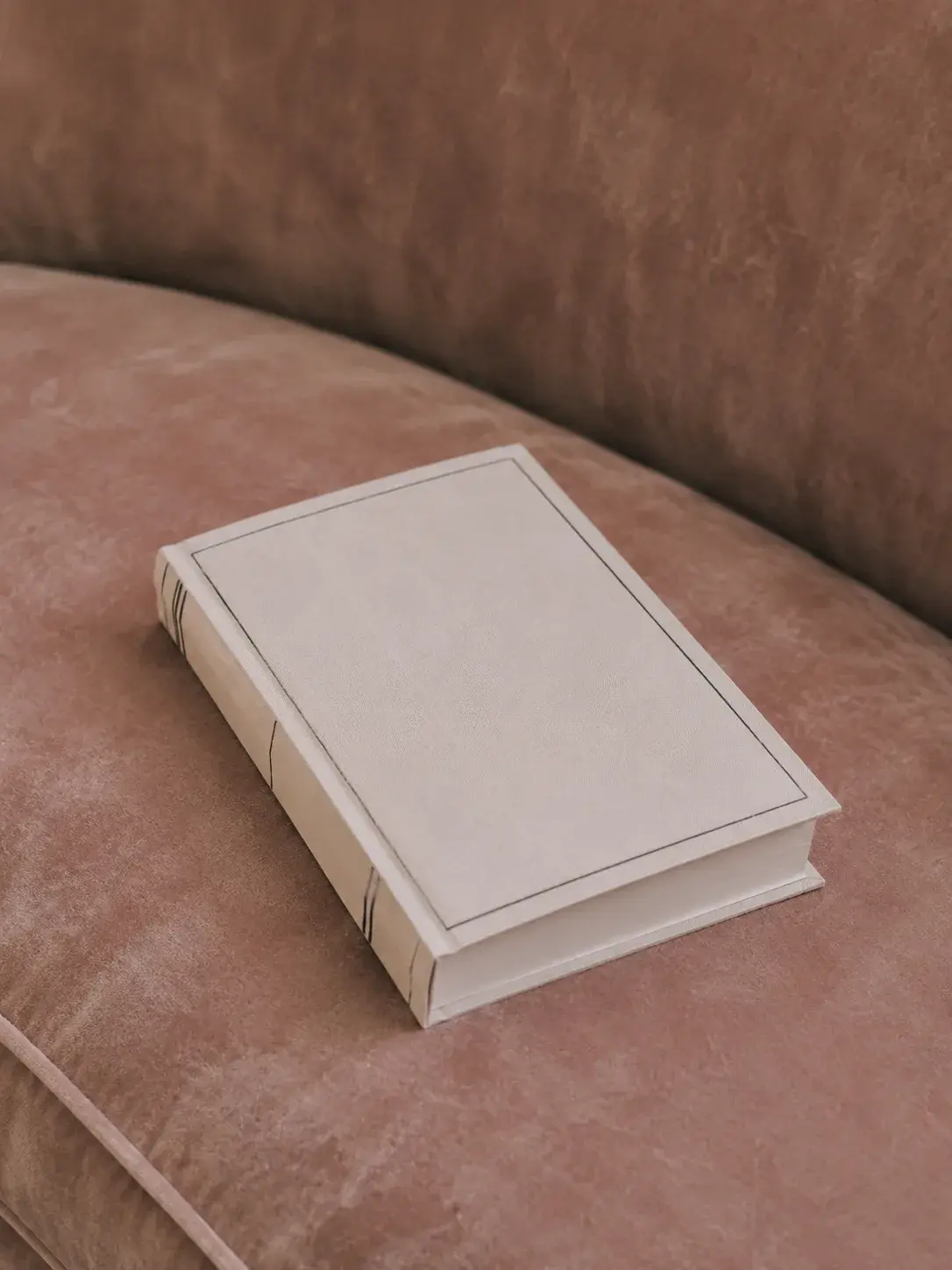 Livre beige posé sur canapé en velours rose poudré – intérieur minimaliste