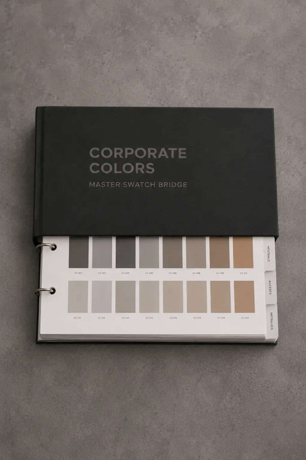 Livre « Corporate Colors — Master Swatch Bridge » ouvert sur table béton révélant une palette de tons neutres beige et gris