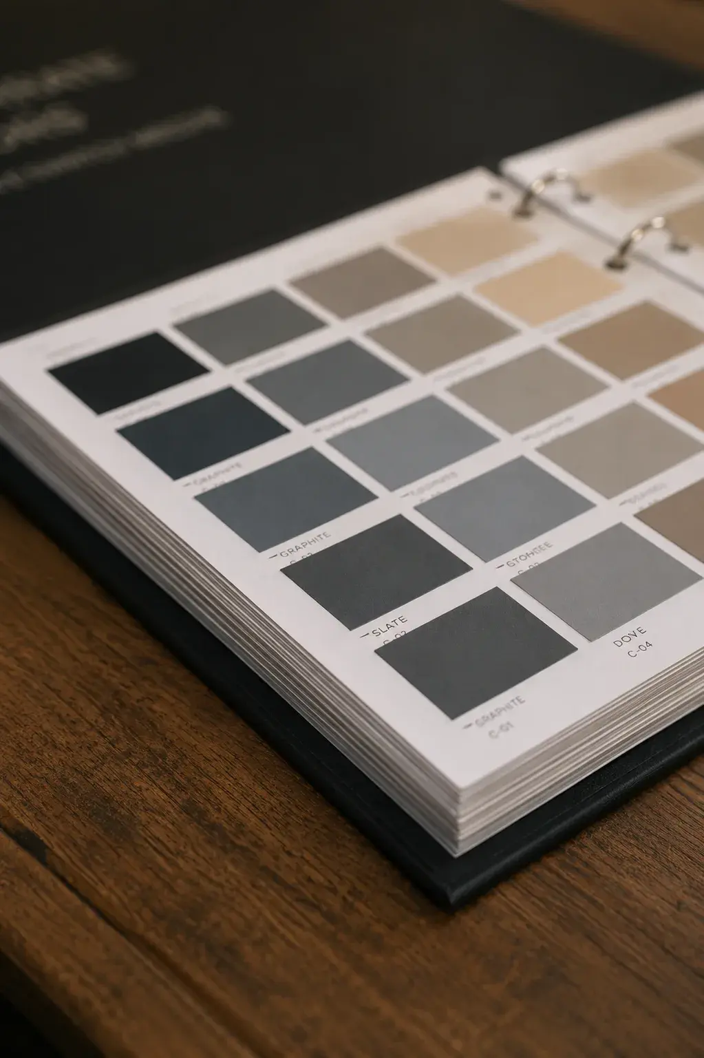 Livre « Corporate Colors — Master Swatch Bridge » ouvert sur table bois foncé révélant pages de swatches gris et anthracite
