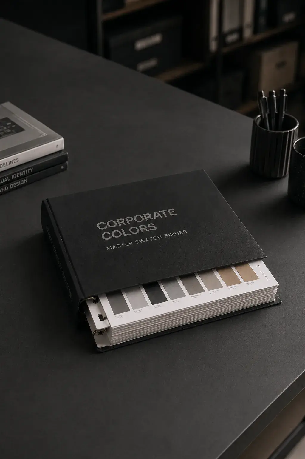 Livre « Corporate Colors — Master Swatch Bridge » posé sur bureau noir avec pot de stylos et livres empilés