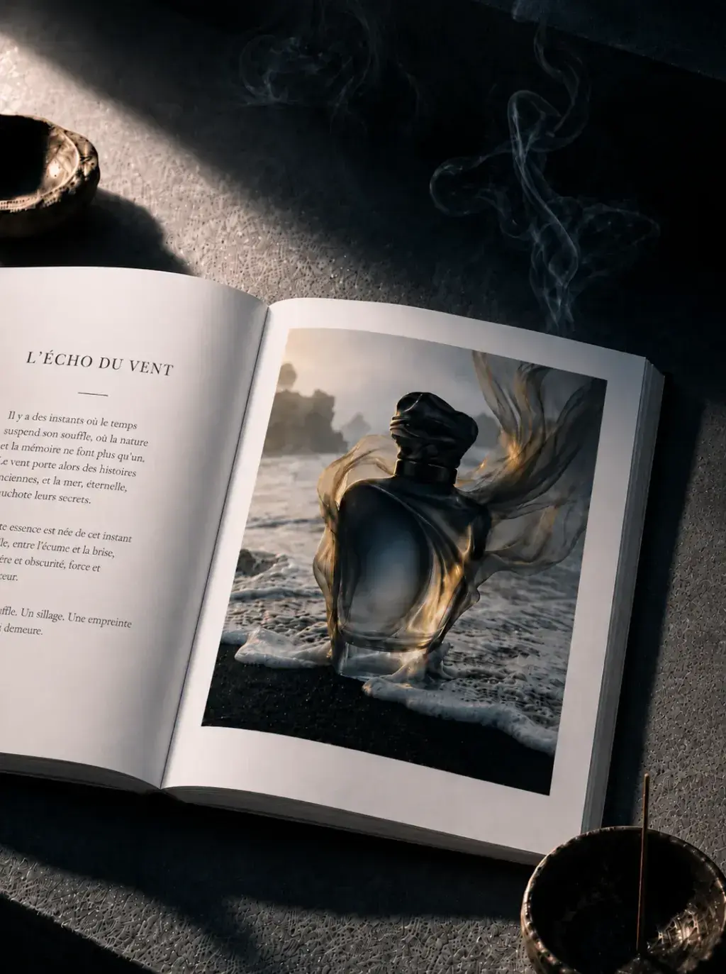 Livre ouvert « L'Écho du Vent » avec photo du flacon Celestial sur plage, bols d'encens fumant autour