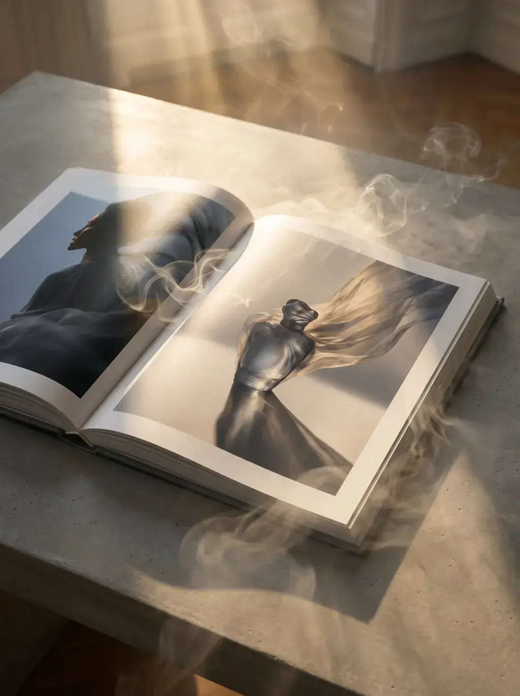 Livre ouvert montrant photo de mode – femme robe métallique et voile flottant, table béton, fumée