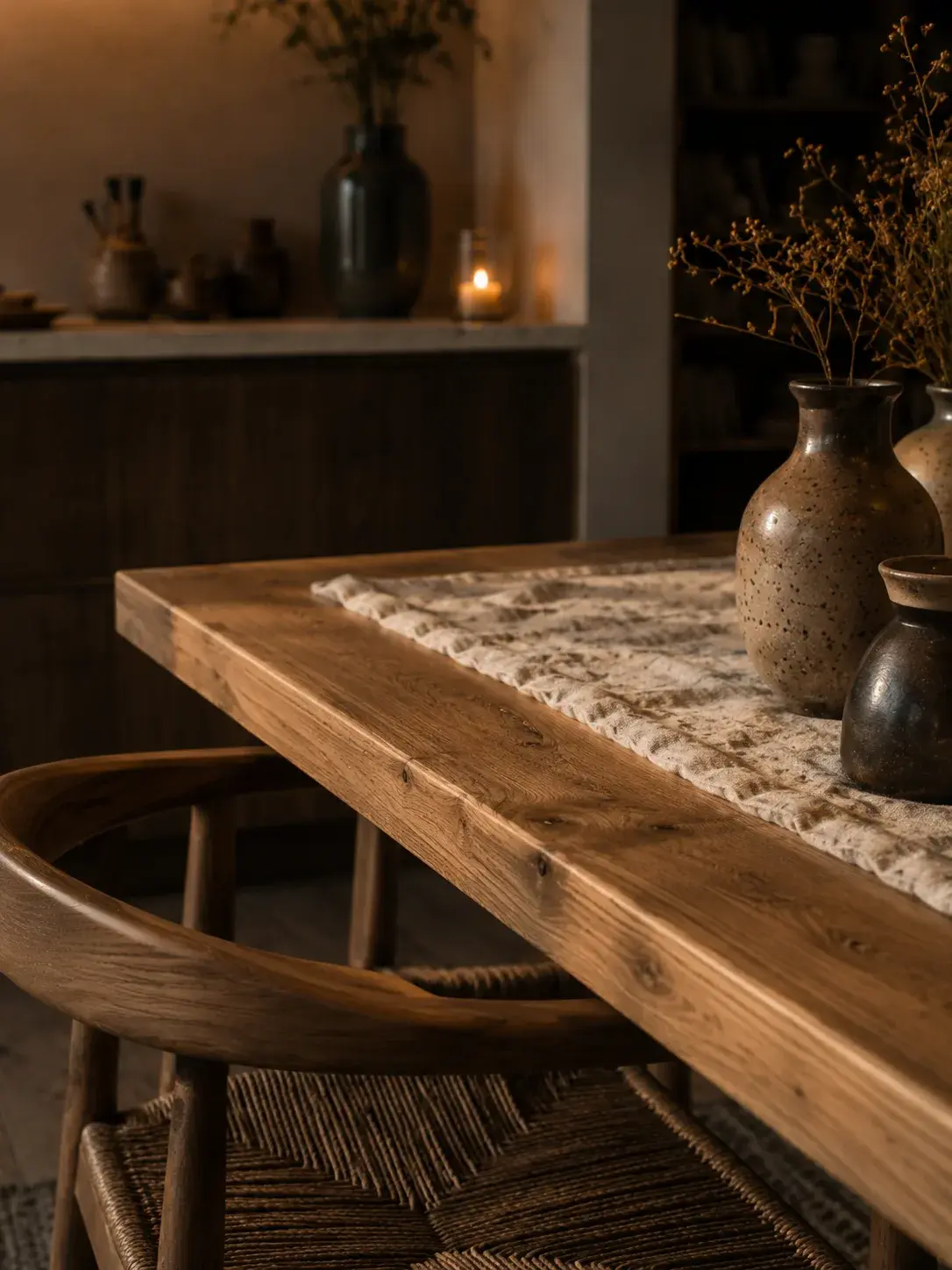 Longue table de salle à manger en bois massif dans un intérieur sombre aux tons chauds