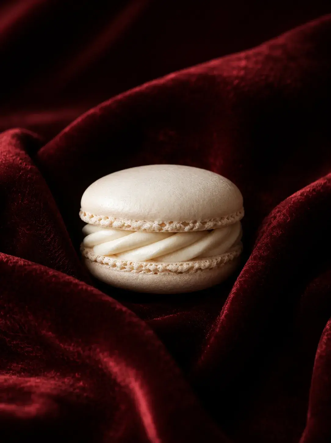 Macaron blanc crème unique sur tissu velours bordeaux – composition minimaliste, sombre