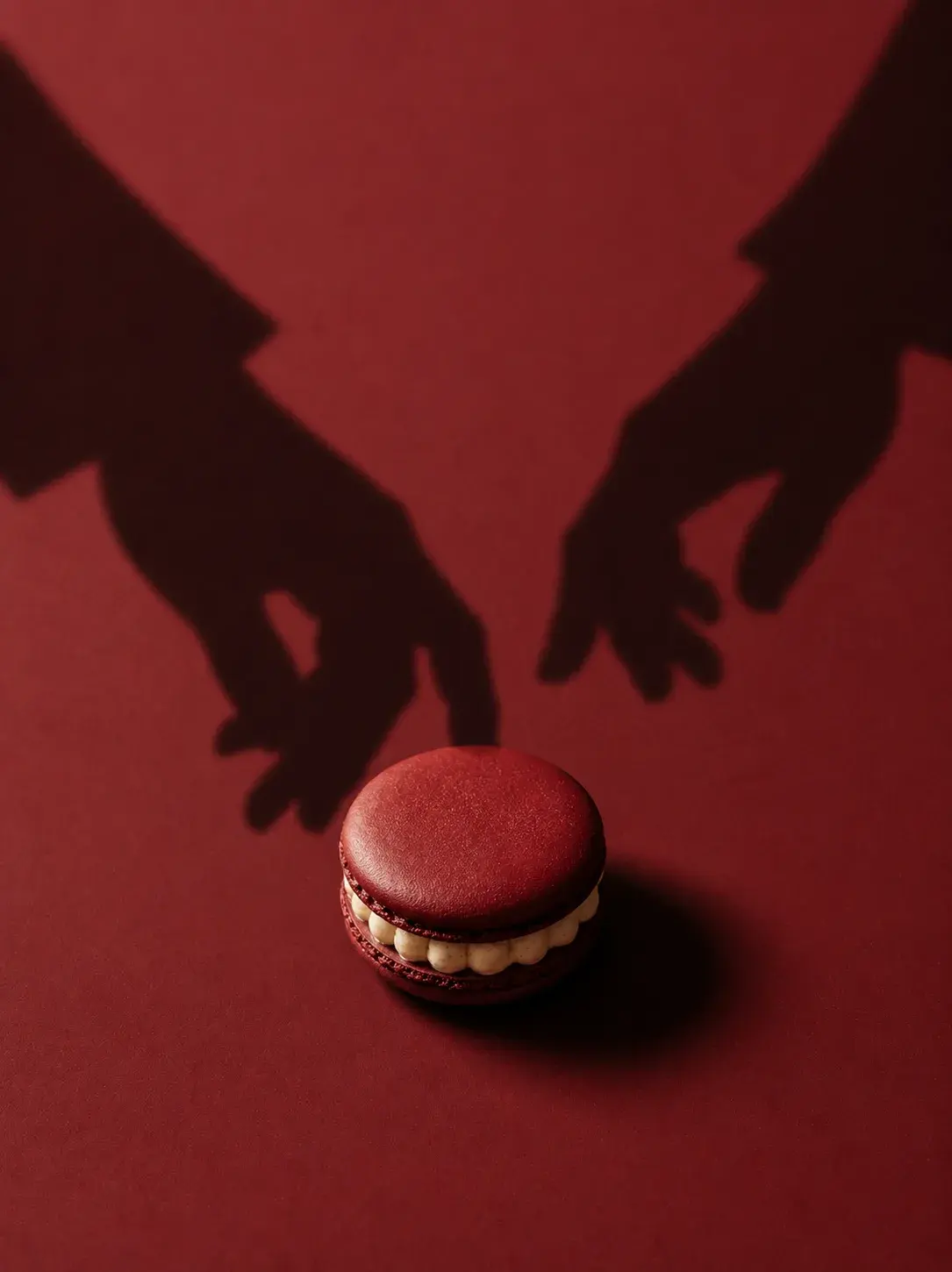 Macaron bordeaux sur fond rouge – ombres symétriques de deux mains en miroir, composition graphique