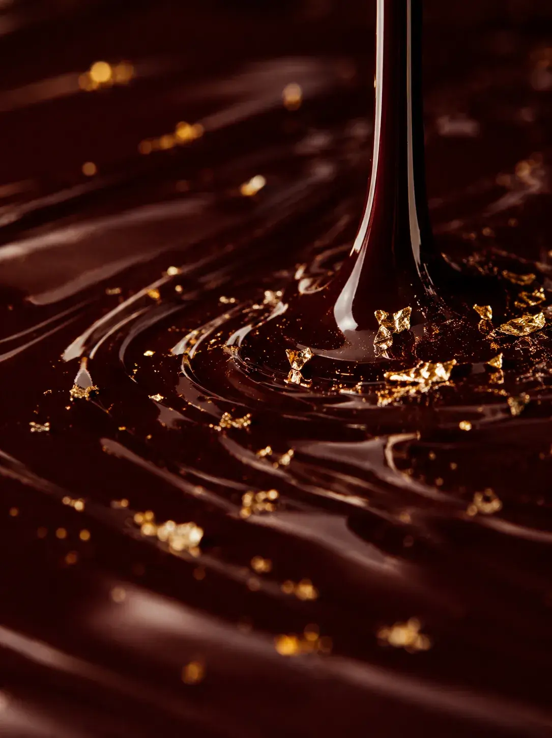 Macro coulée de chocolat fondu avec éclats de feuille d'or – spirales liquides, fond sombre