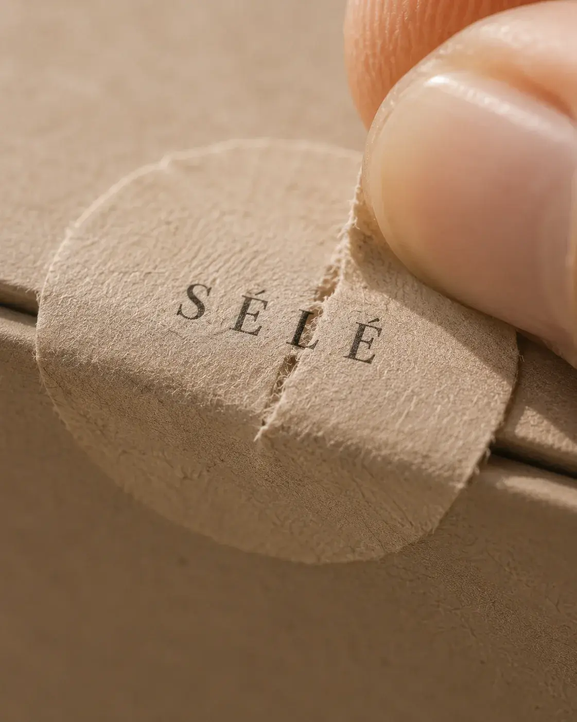 Macro doigt décollant autocollant rond kraft d'une boîte – geste précis, packaging, lumière rasante