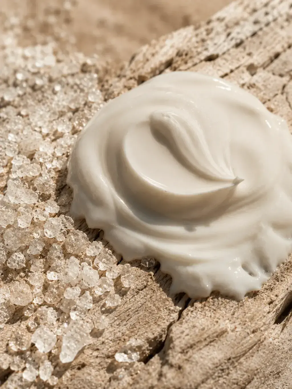 Macro dôme de crème blanche sur bois flotté craquelé – cristaux de sel, texture cosmétique