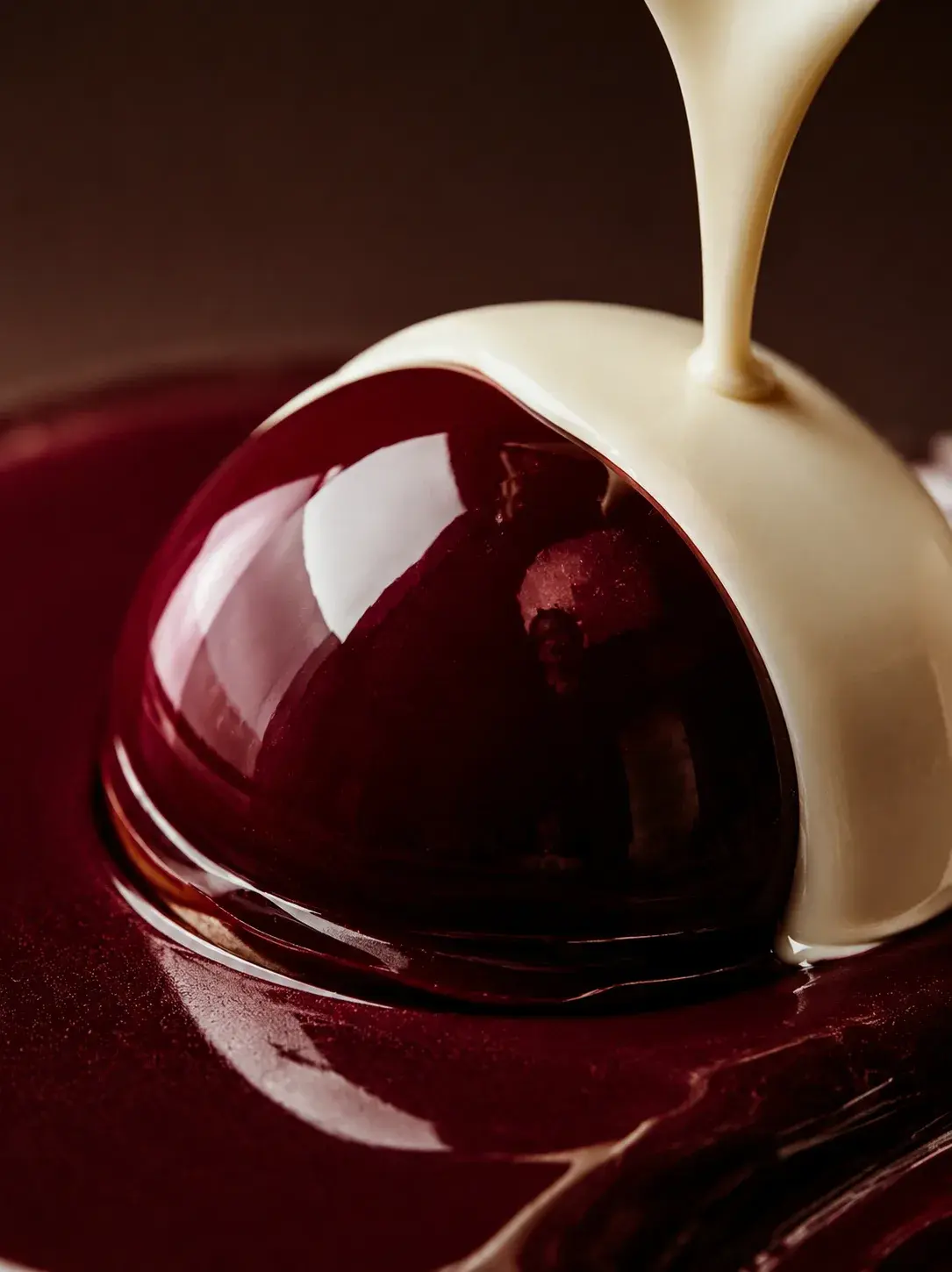 Macro dôme glaçage miroir bordeaux – coulée de crème blanche, brillance, texture, gastronomie