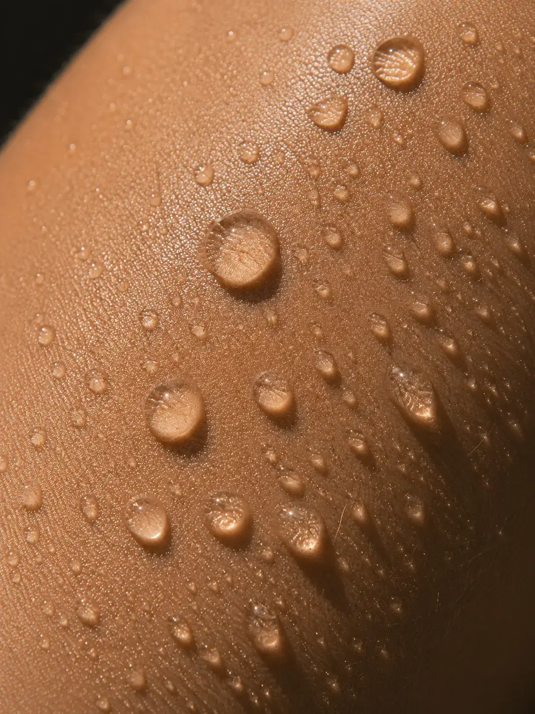 Macro épaule peau noire lumineuse avec gouttelettes d'eau – fond sombre, texture peau parfaite