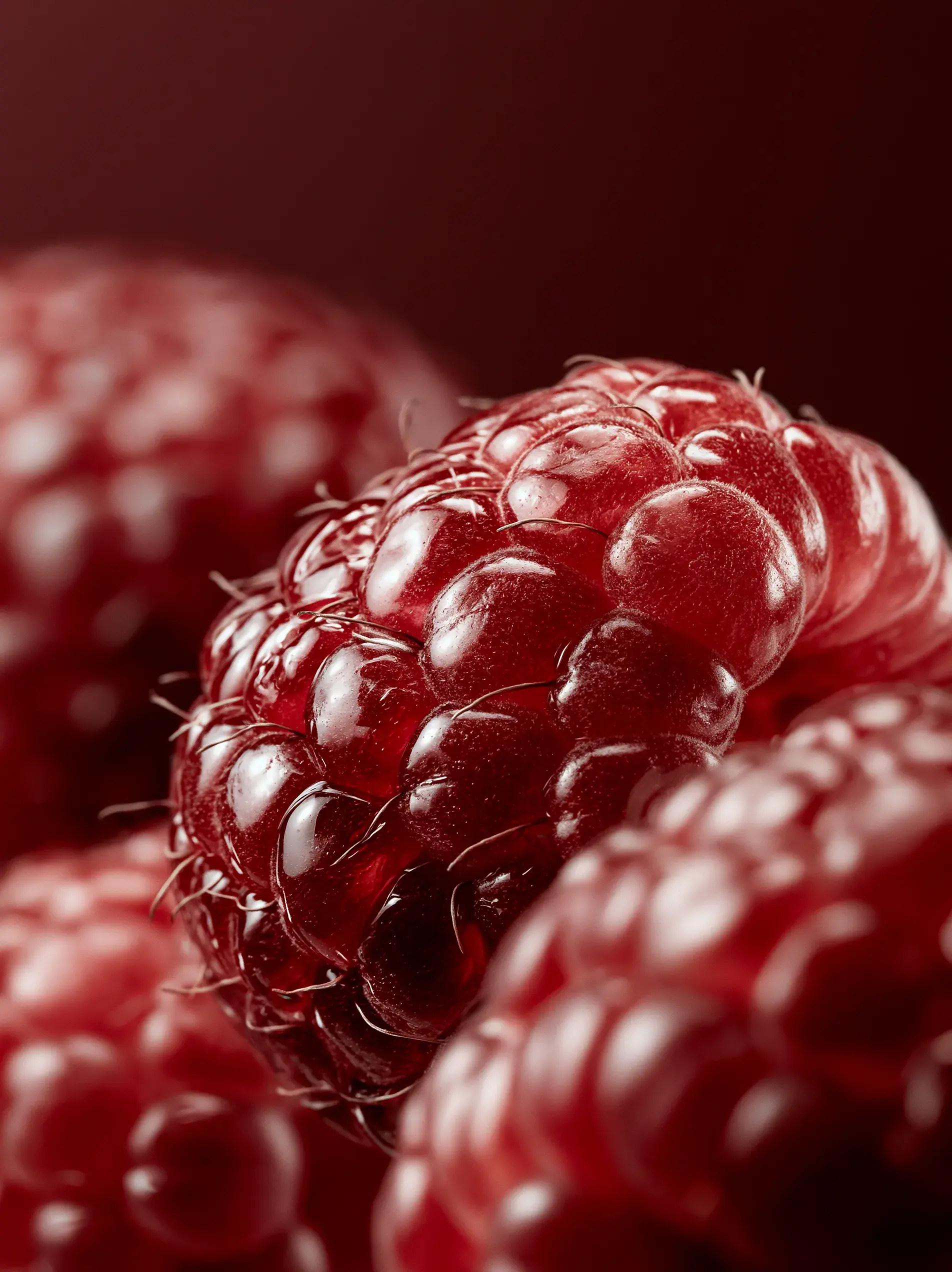 Macro framboise fraîche avec texture détaillée des drupelets sur fond sombre
