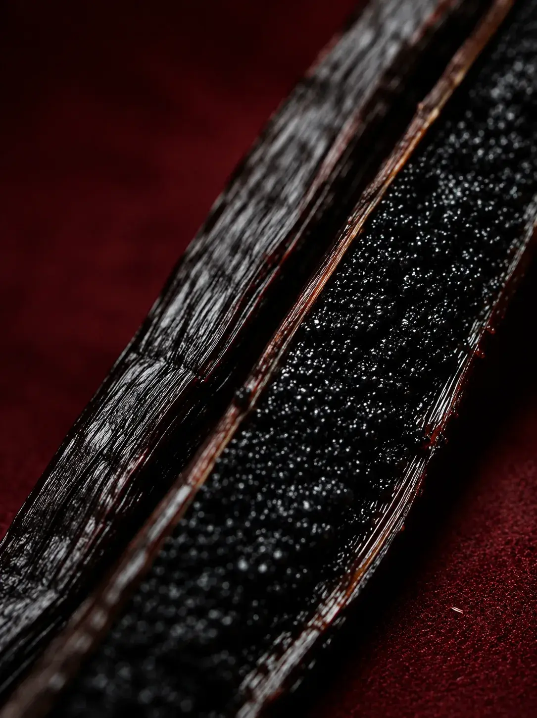 Macro gousses de vanille ouvertes et graines noires – fond velours bordeaux profond