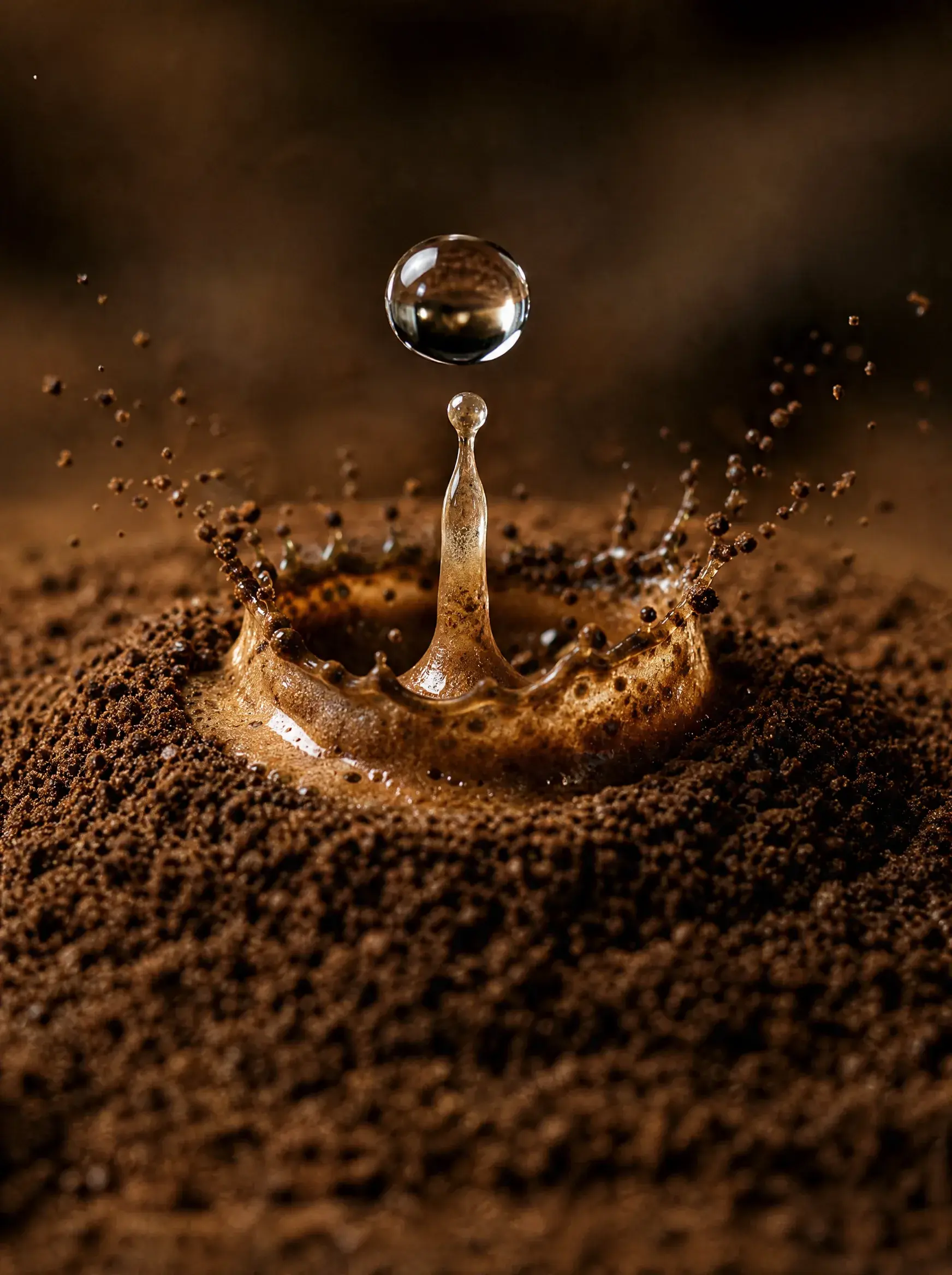 Macro goutte d'eau tombant dans café moulu – couronne d'éclaboussures, fond brun sombre