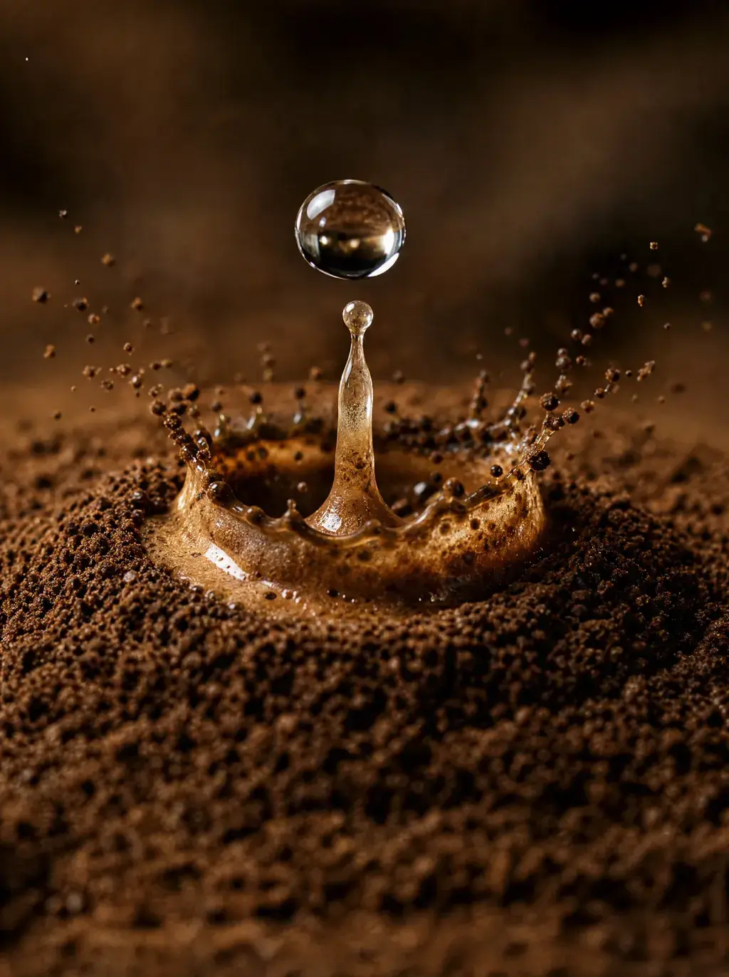Macro goutte d'eau tombant dans café moulu – couronne d'éclaboussures, fond brun sombre