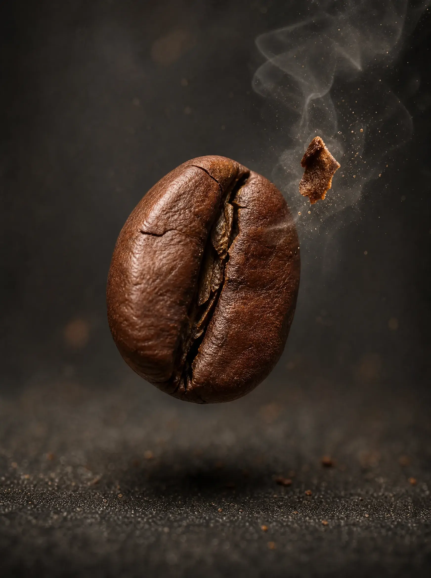 Macro grain de café unique en suspension – vapeur, éclats, fond sombre dramatique