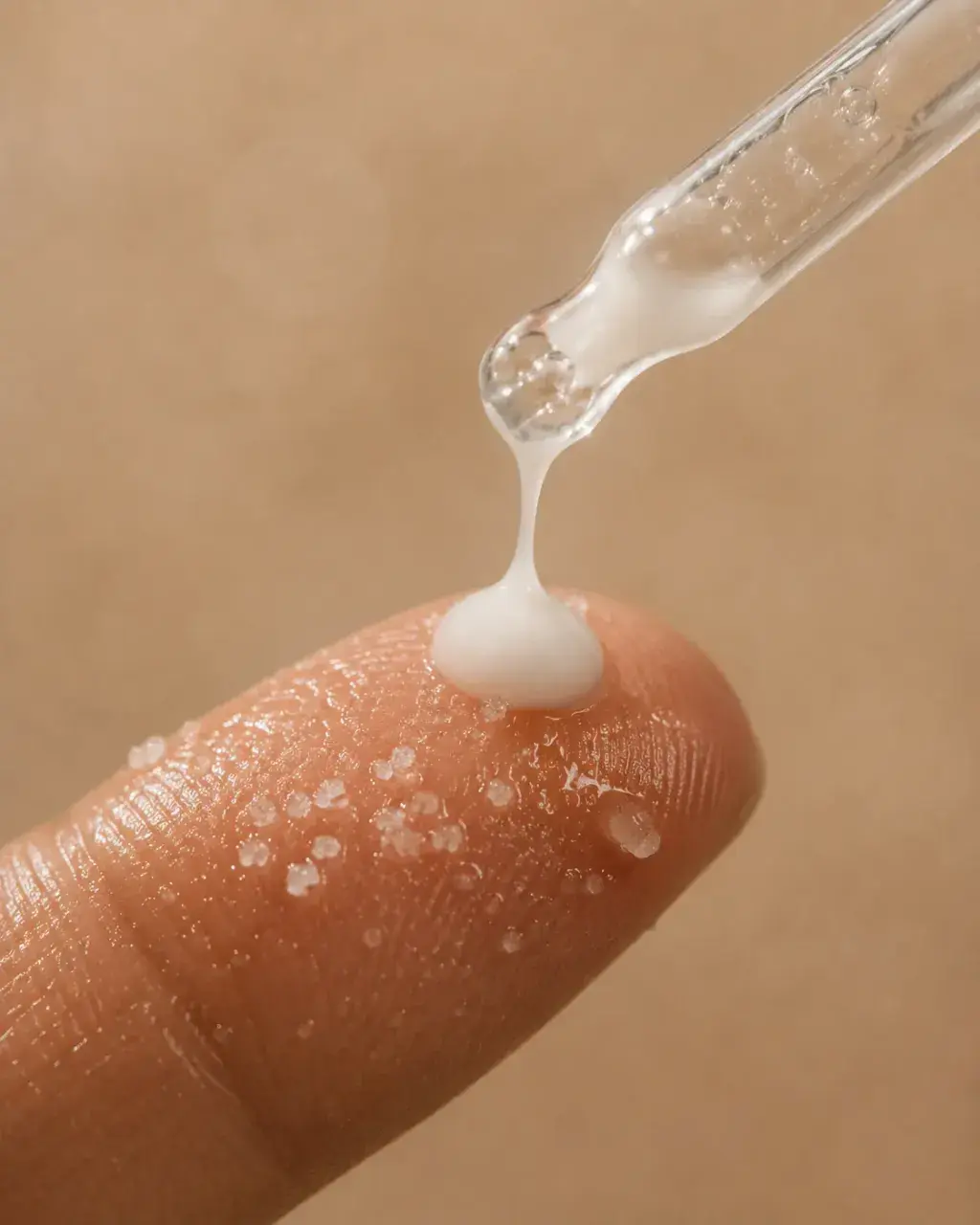 Macro pipette libérant du sérum sur le bout du doigt – gouttelettes sur peau, fond beige doux