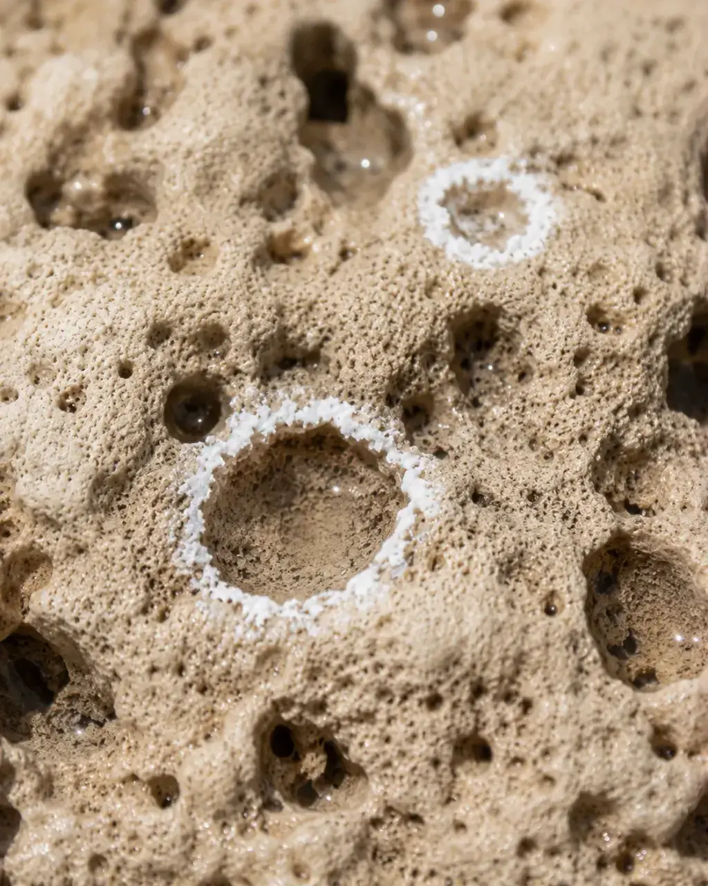 Macro texture éponge naturelle – surface poreuse et alvéolée beige sable