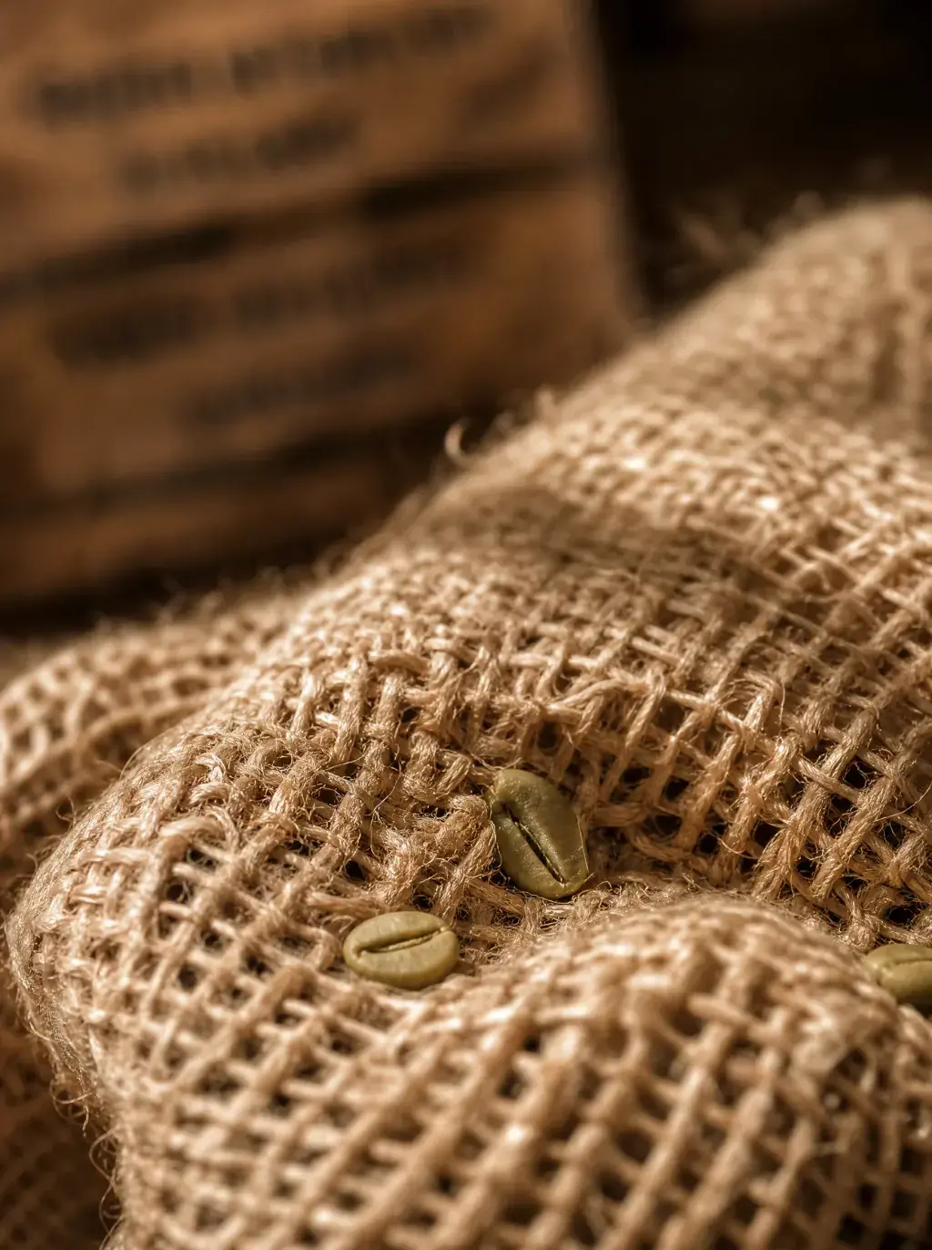 Macro texture sac jute avec grains de café verts posés dessus – entrepôt, fond sombre