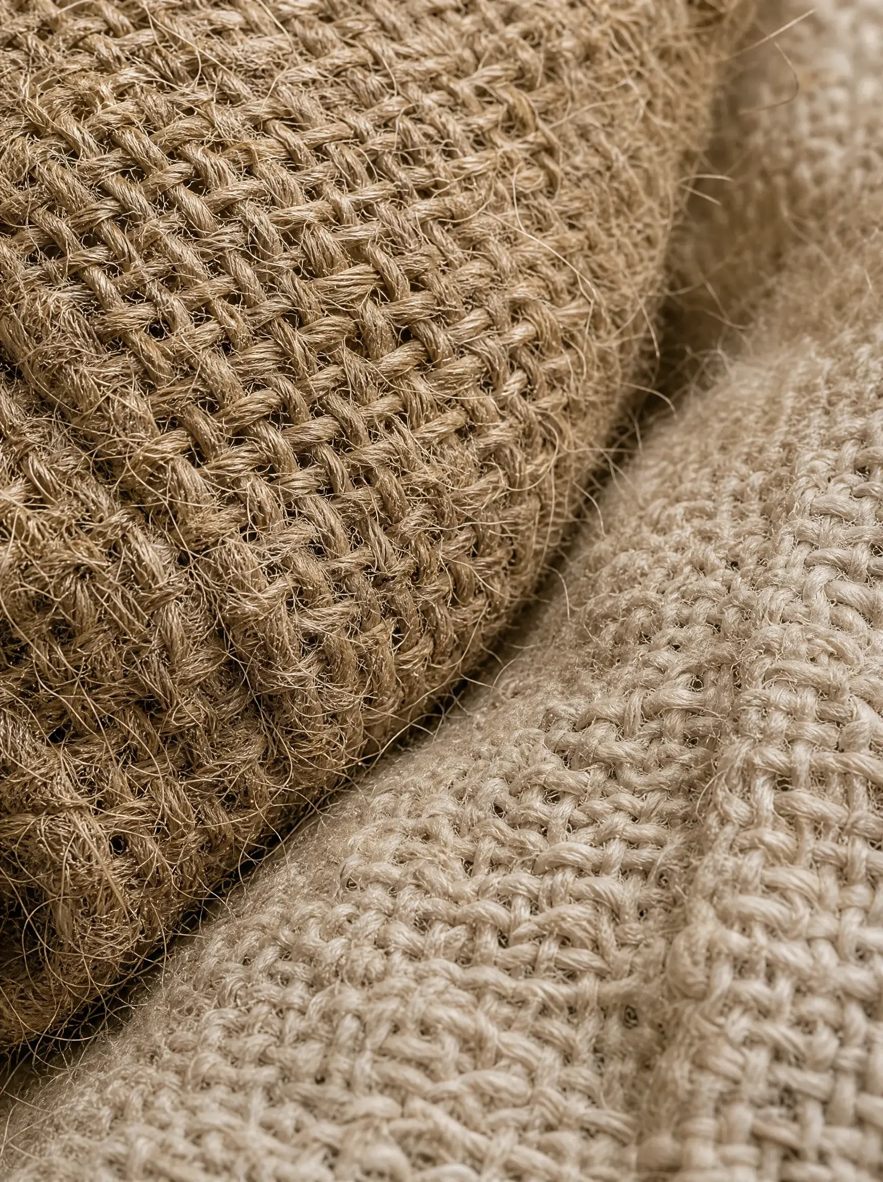 Macro textures – tissu jute beige et maille naturelle – deux matières naturelles gros plan