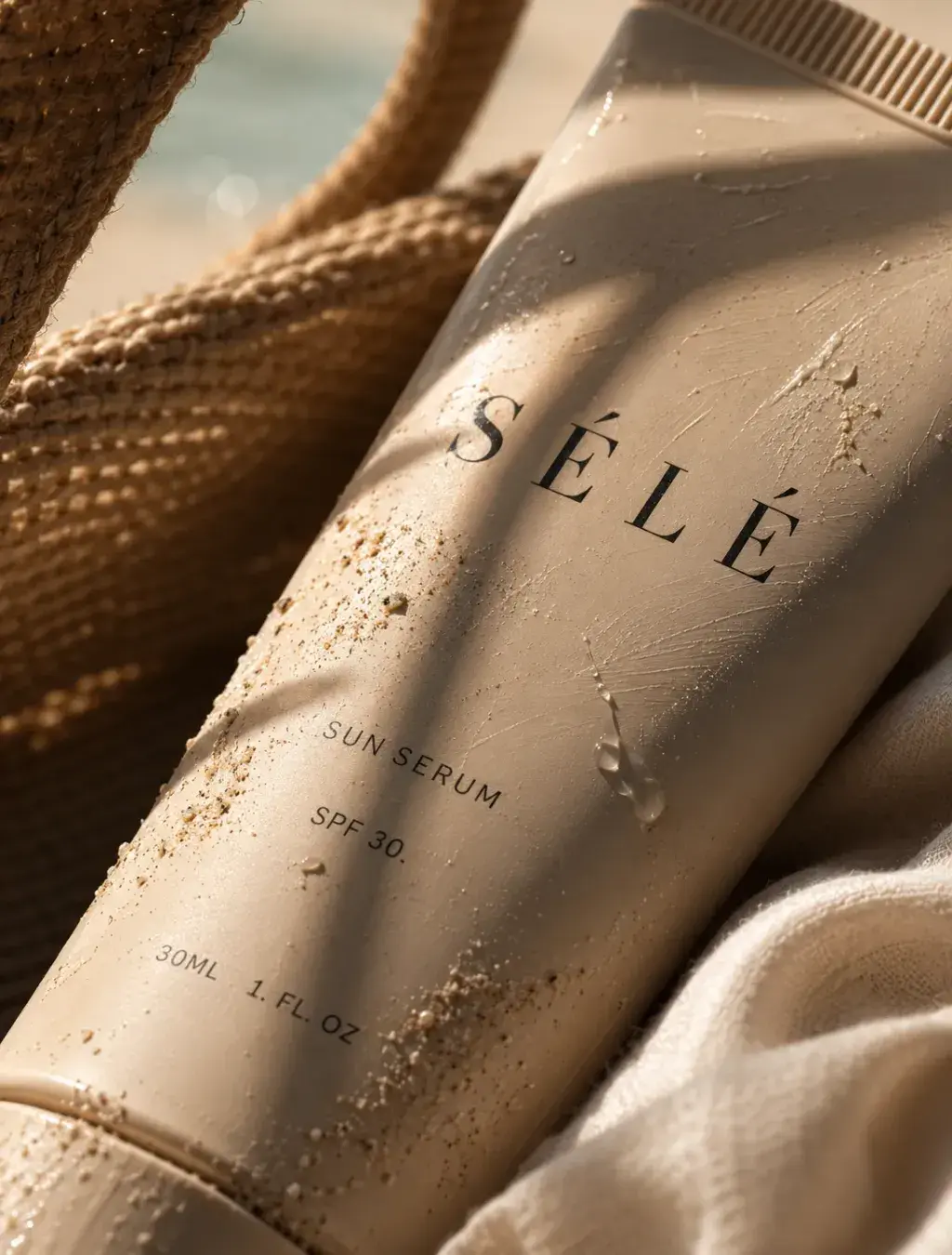 Macro tube sérum couvert de gouttelettes et sable – sac raphia, tissu lin, résistance à l'eau