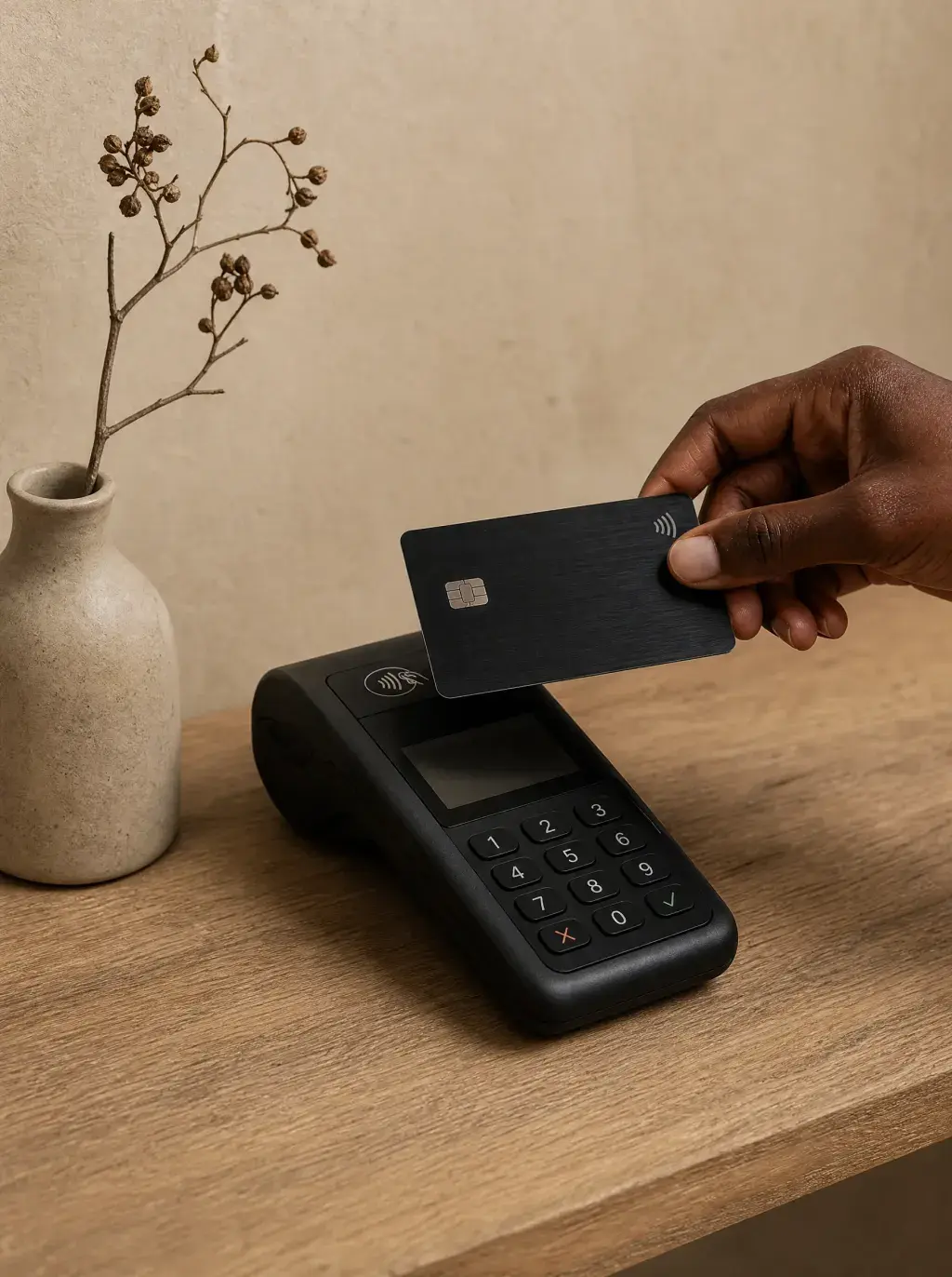 Main approchant carte bancaire du terminal de paiement sans contact – vase céramique, branche séchée
