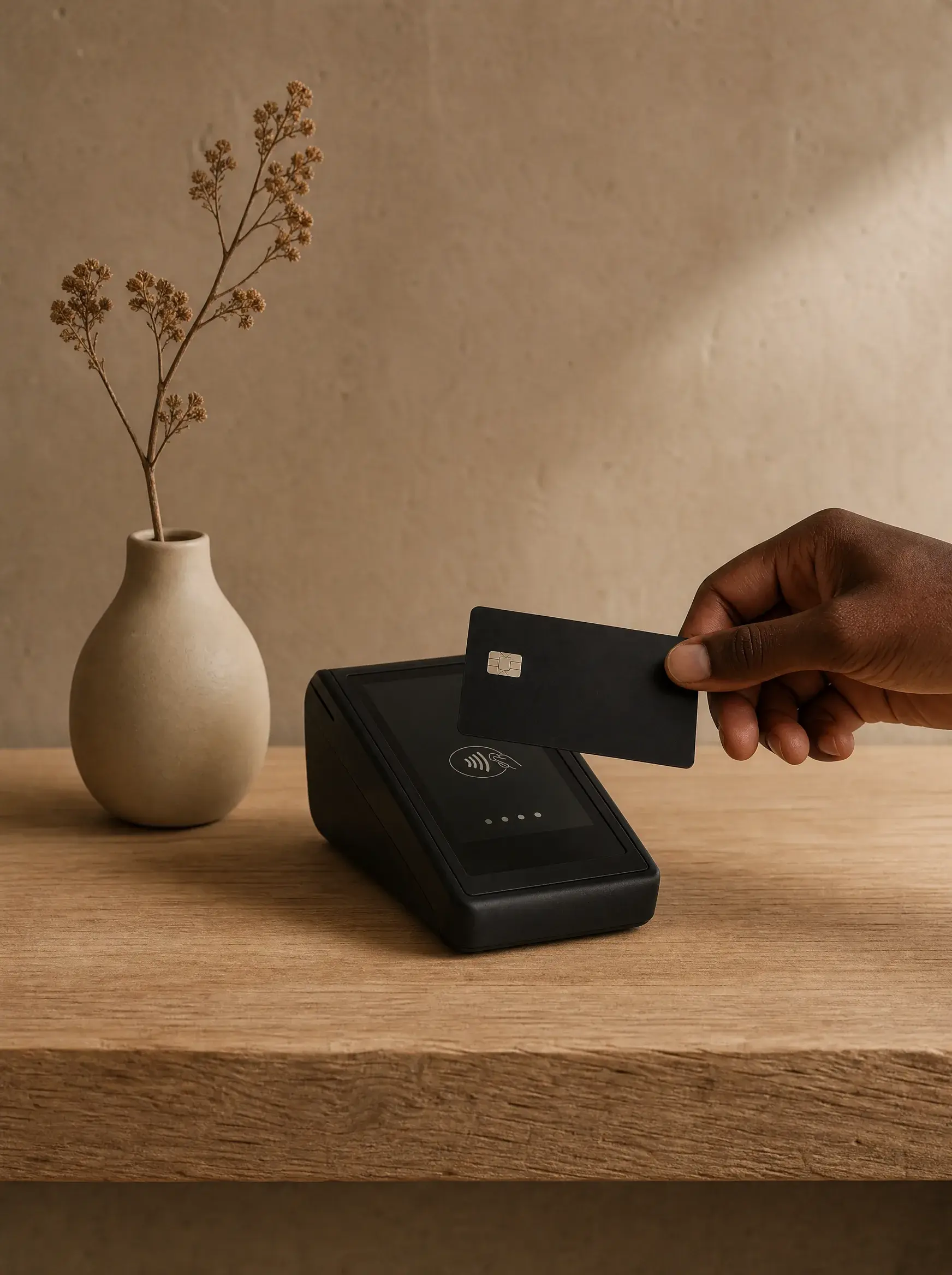 Main approchant carte bancaire du terminal de paiement sans contact – vase céramique, fleurs séchées
