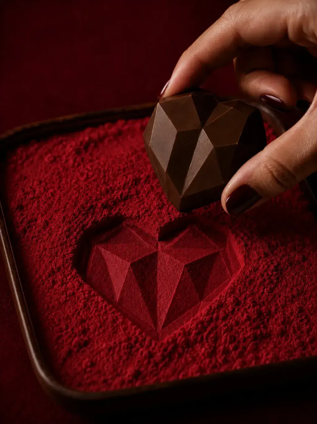 Main aux ongles bordeaux tenant un chocolat en cœur facetté au-dessus d'un lit de poudre de cacao rouge vif avec empreinte en creux