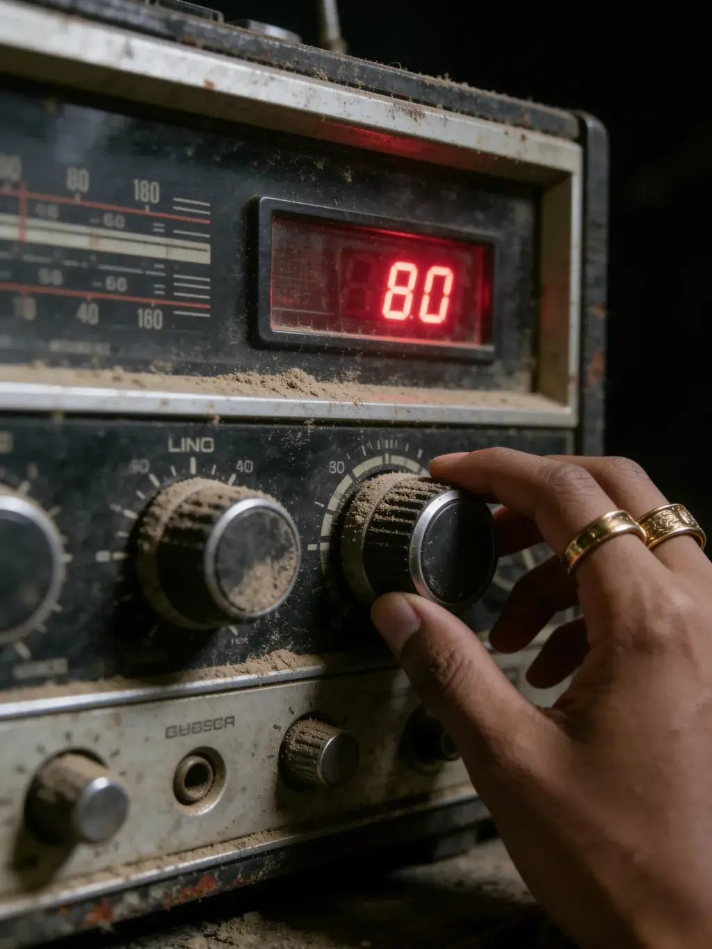 Main baguée réglant les boutons d'un vieux poste radio CB poussiéreux à afficheur rouge
