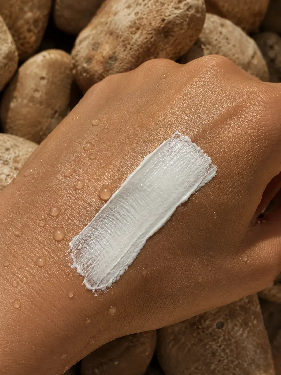 Main bronzée mouillée avec trace de crème blanche – gouttelettes eau, galets en fond, soin solaire