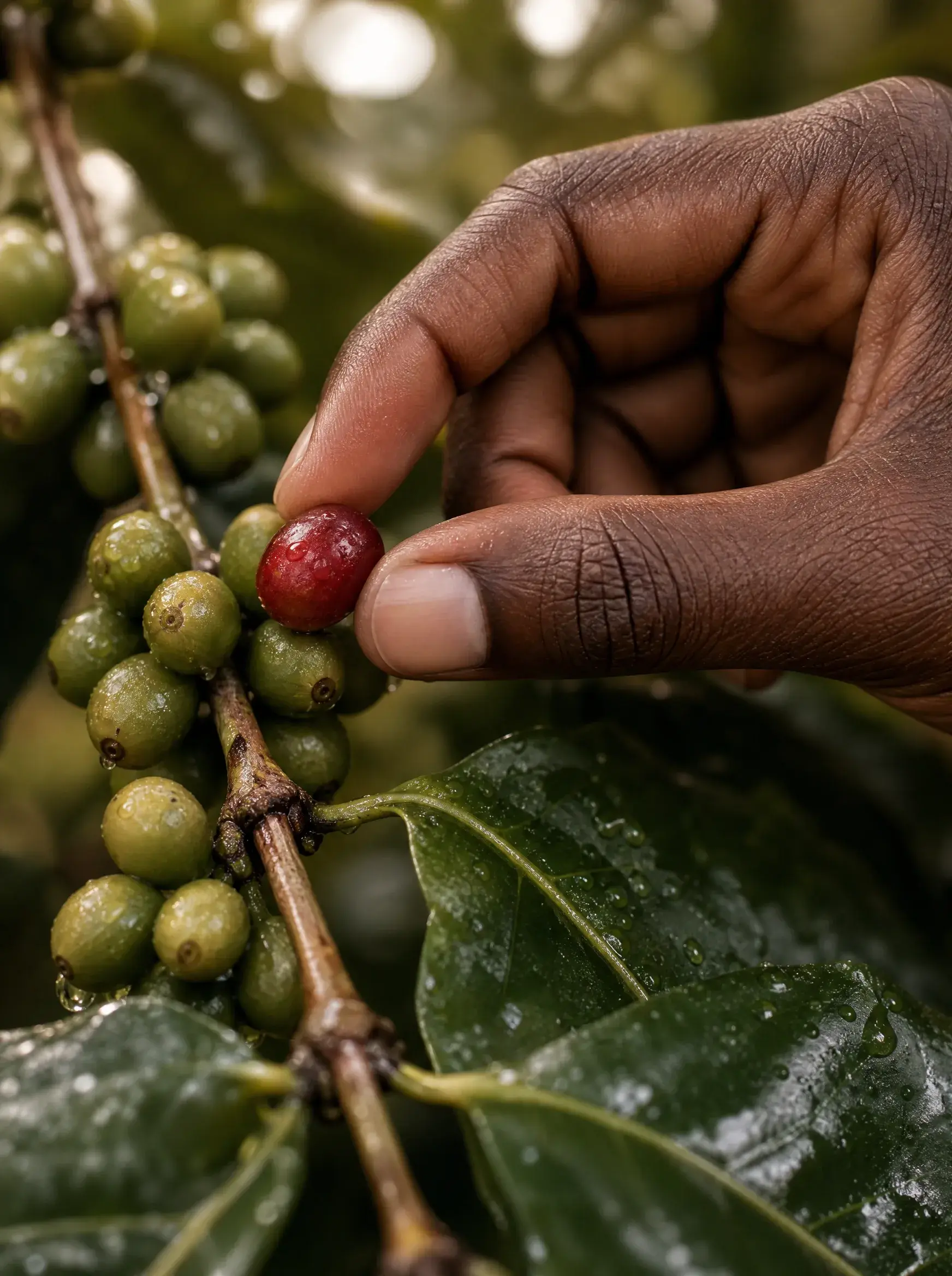 Main cueillant cerise de café rouge mûre – cerises vertes, branche, gouttelettes, plantation