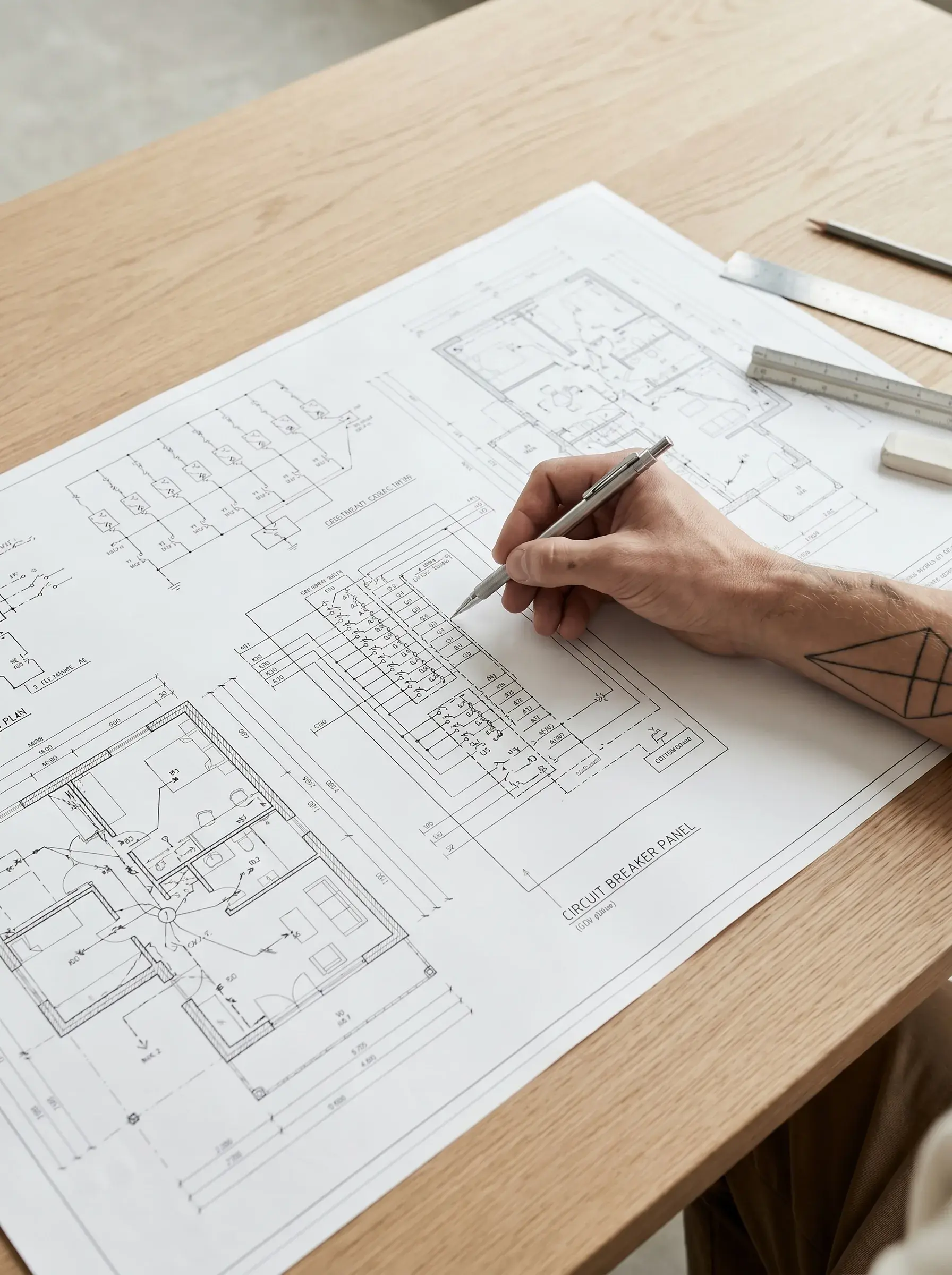 Main dessinant un plan de tableau électrique et de circuits sur une table en chêne