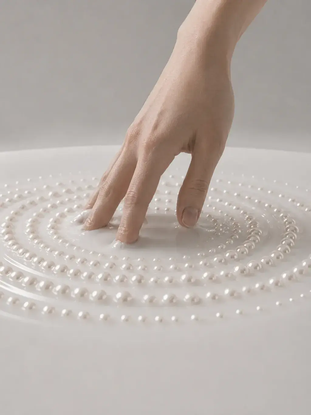 Main disposant des perles en spirale concentrique sur surface blanche, composition nacrée artisanale